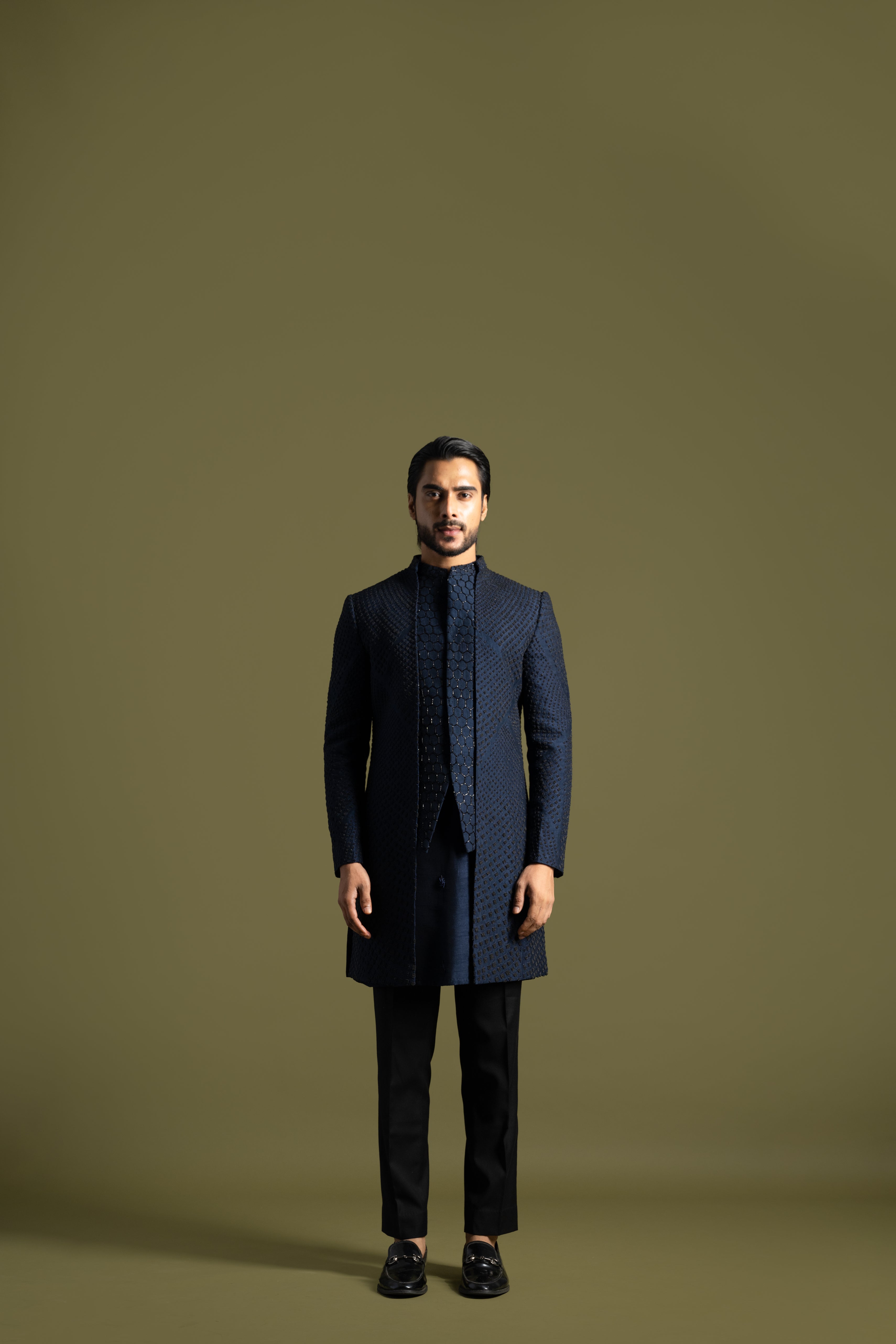 NAVY BLUE HONEYCOMB EMBROIDERED ACHKAN SET