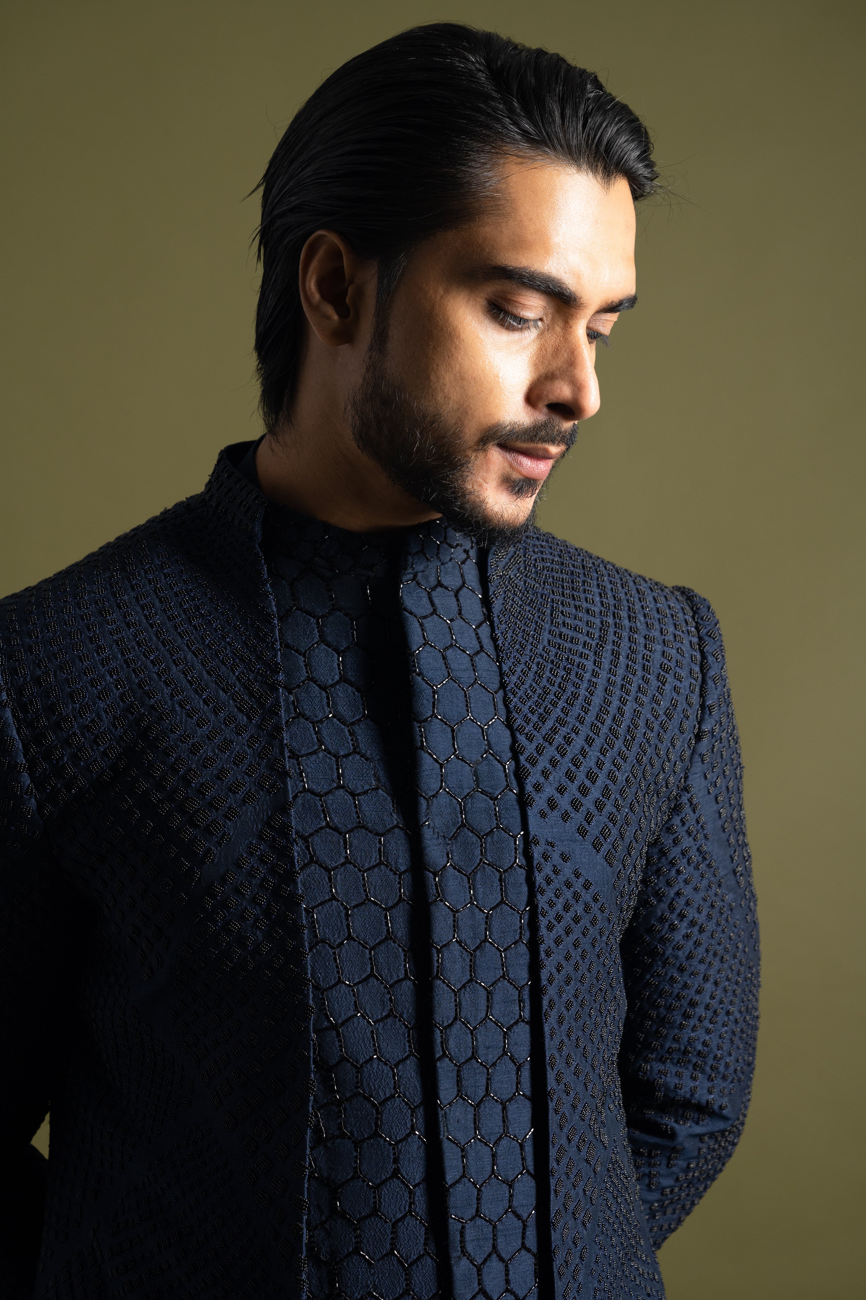 NAVY BLUE HONEYCOMB EMBROIDERED ACHKAN SET