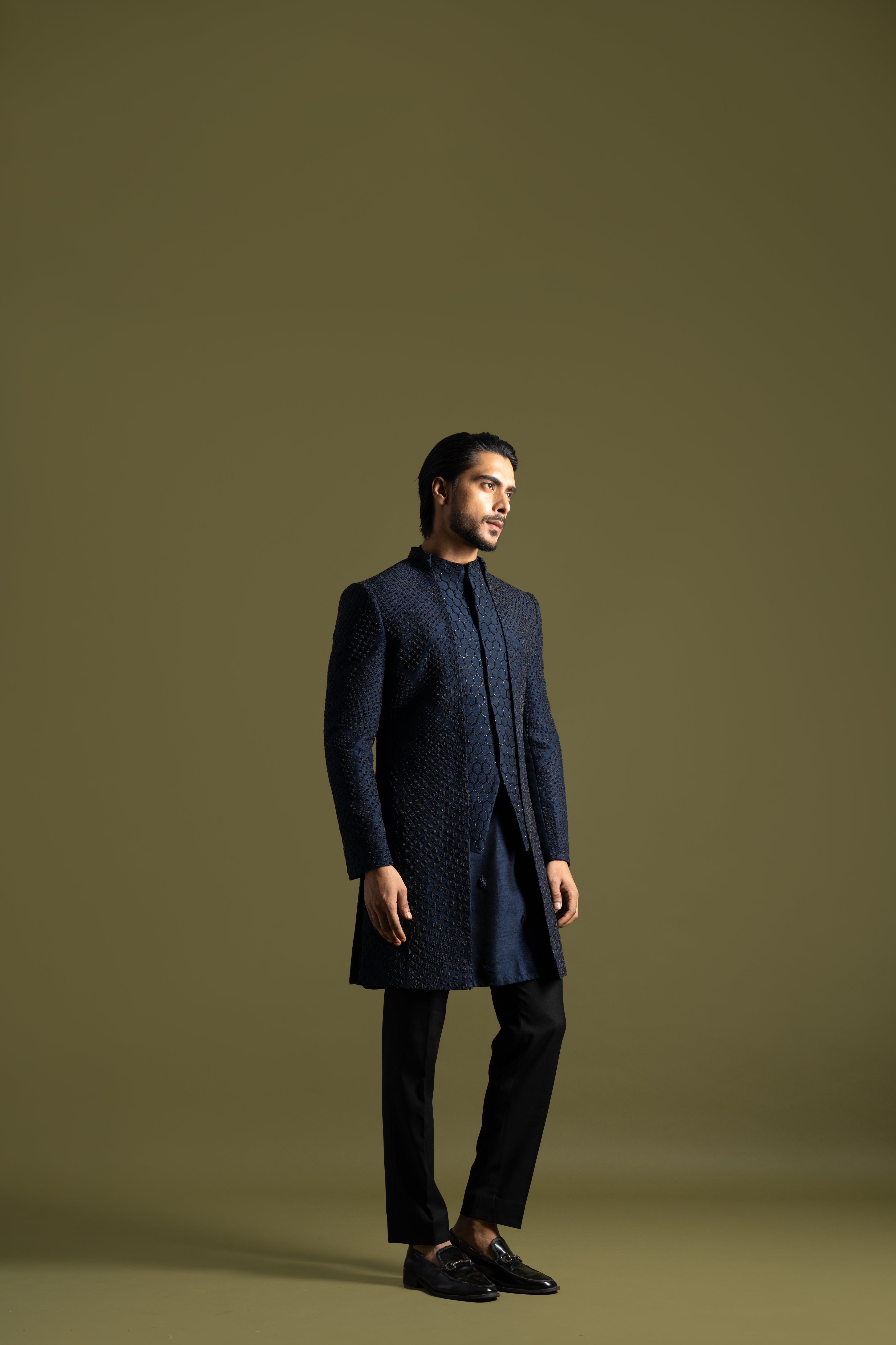 NAVY BLUE HONEYCOMB EMBROIDERED ACHKAN SET