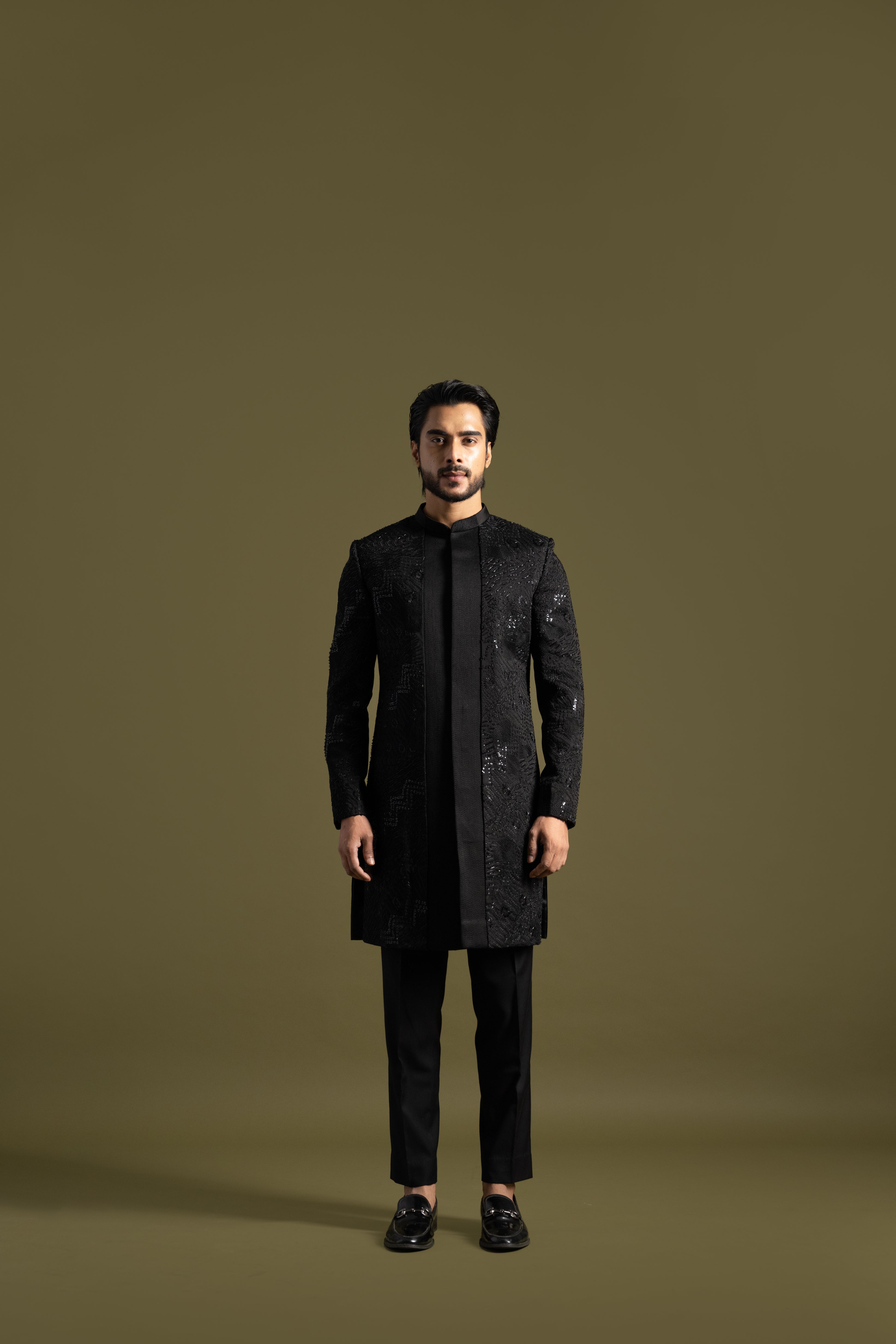BLACK DOUBLE PANELLED SEQUINS ACHKAN SET