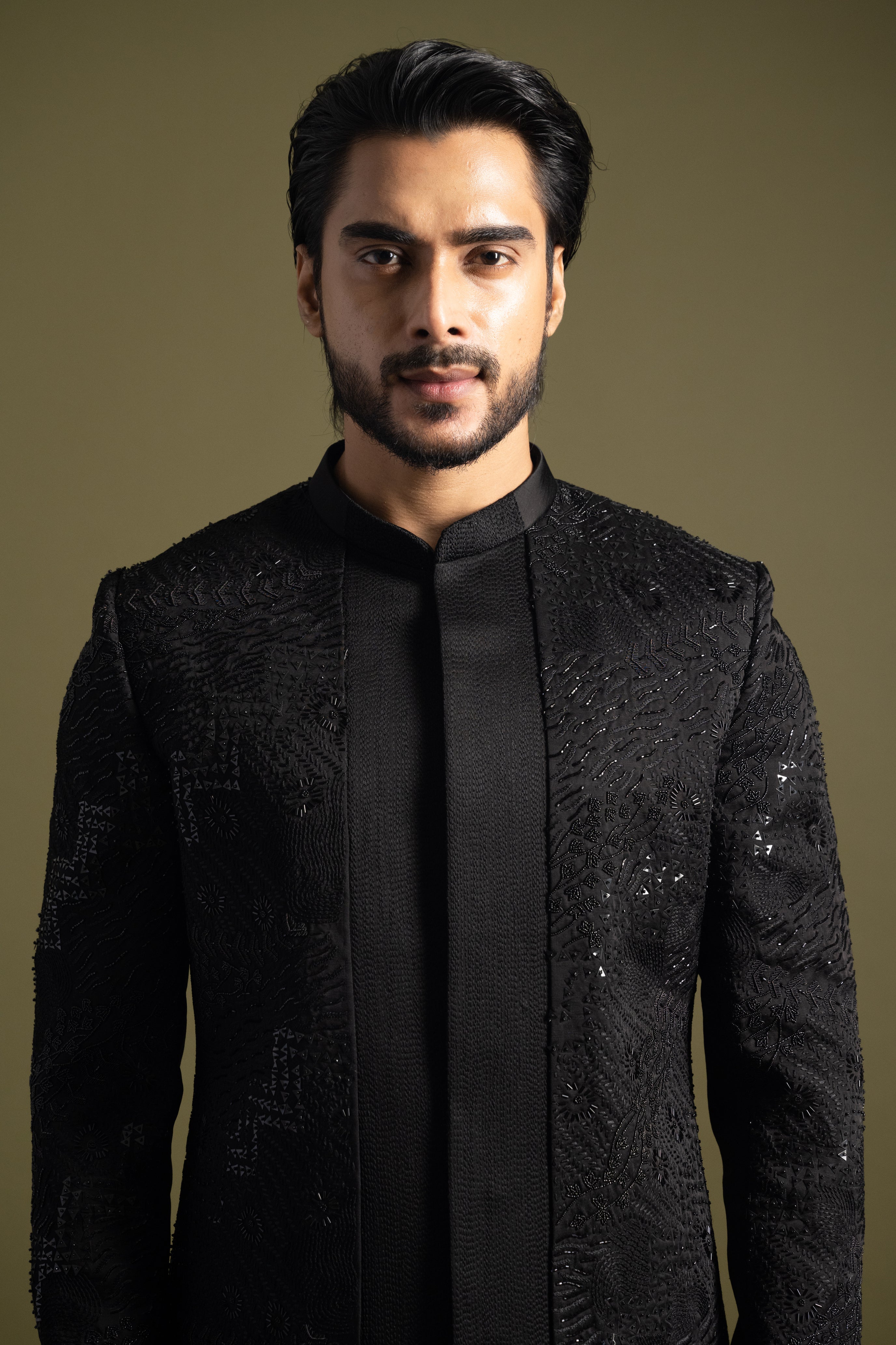 BLACK DOUBLE PANELLED SEQUINS ACHKAN SET