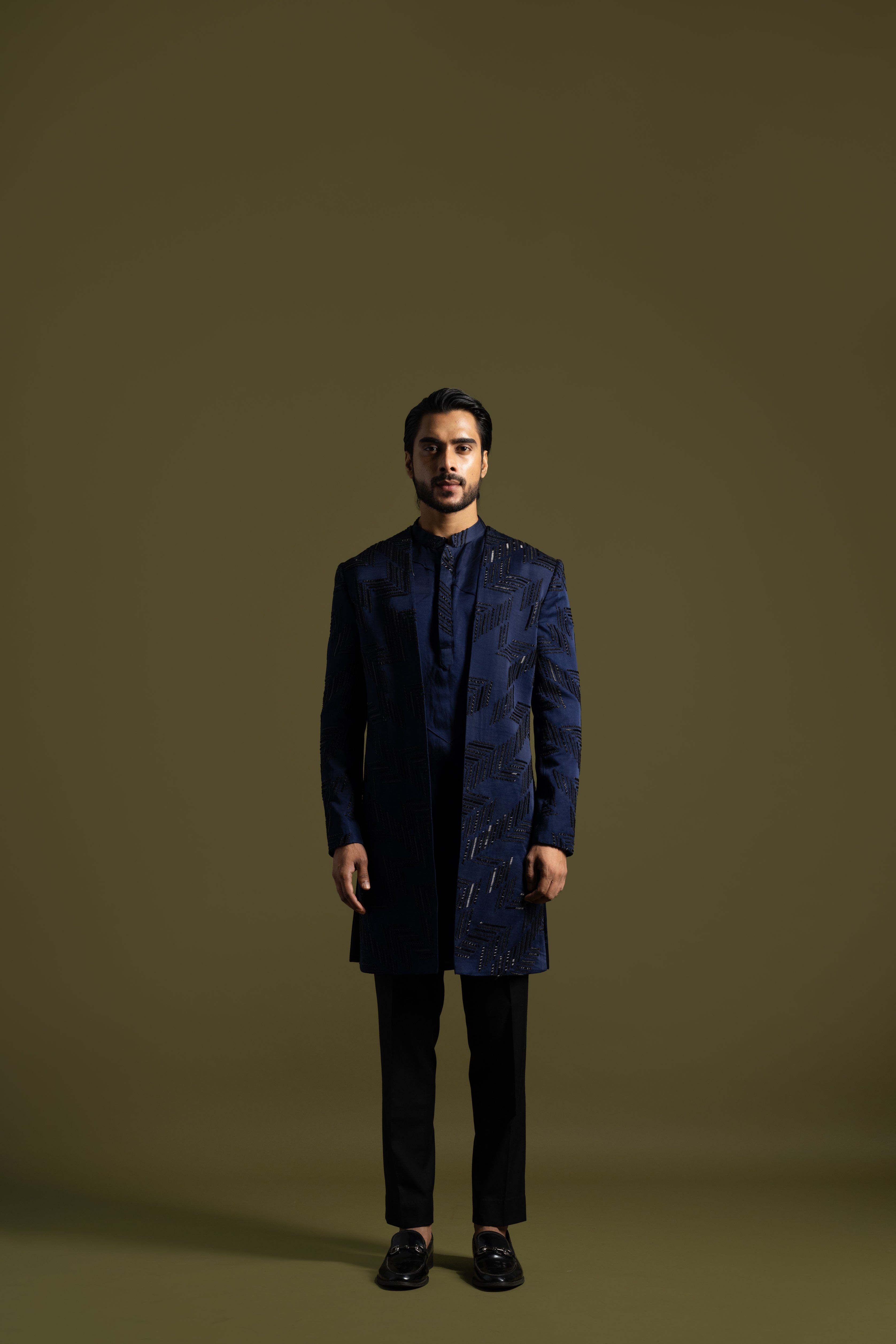NAVY BLUE HERRINGBONE ACHKAN SET
