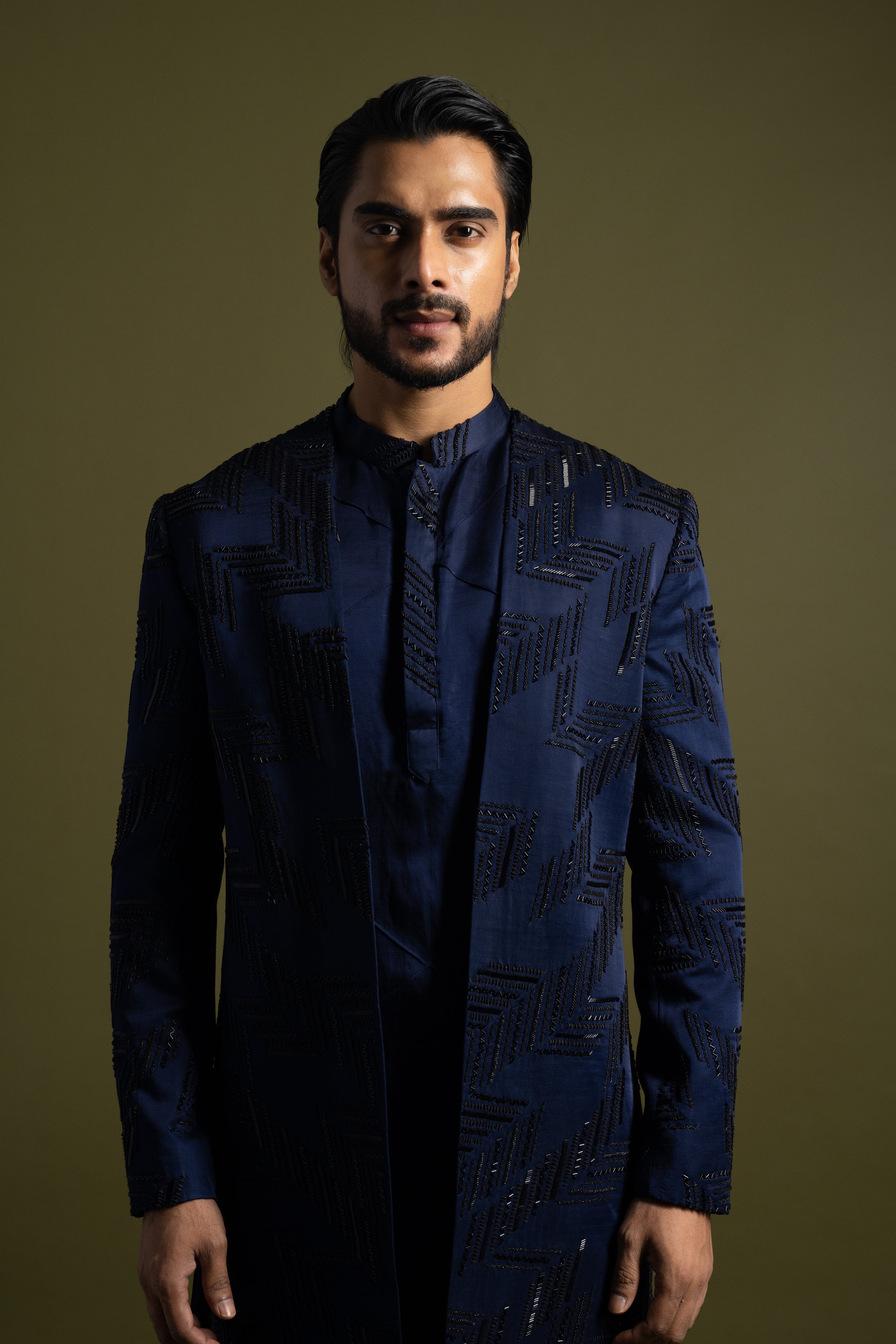 NAVY BLUE HERRINGBONE ACHKAN SET