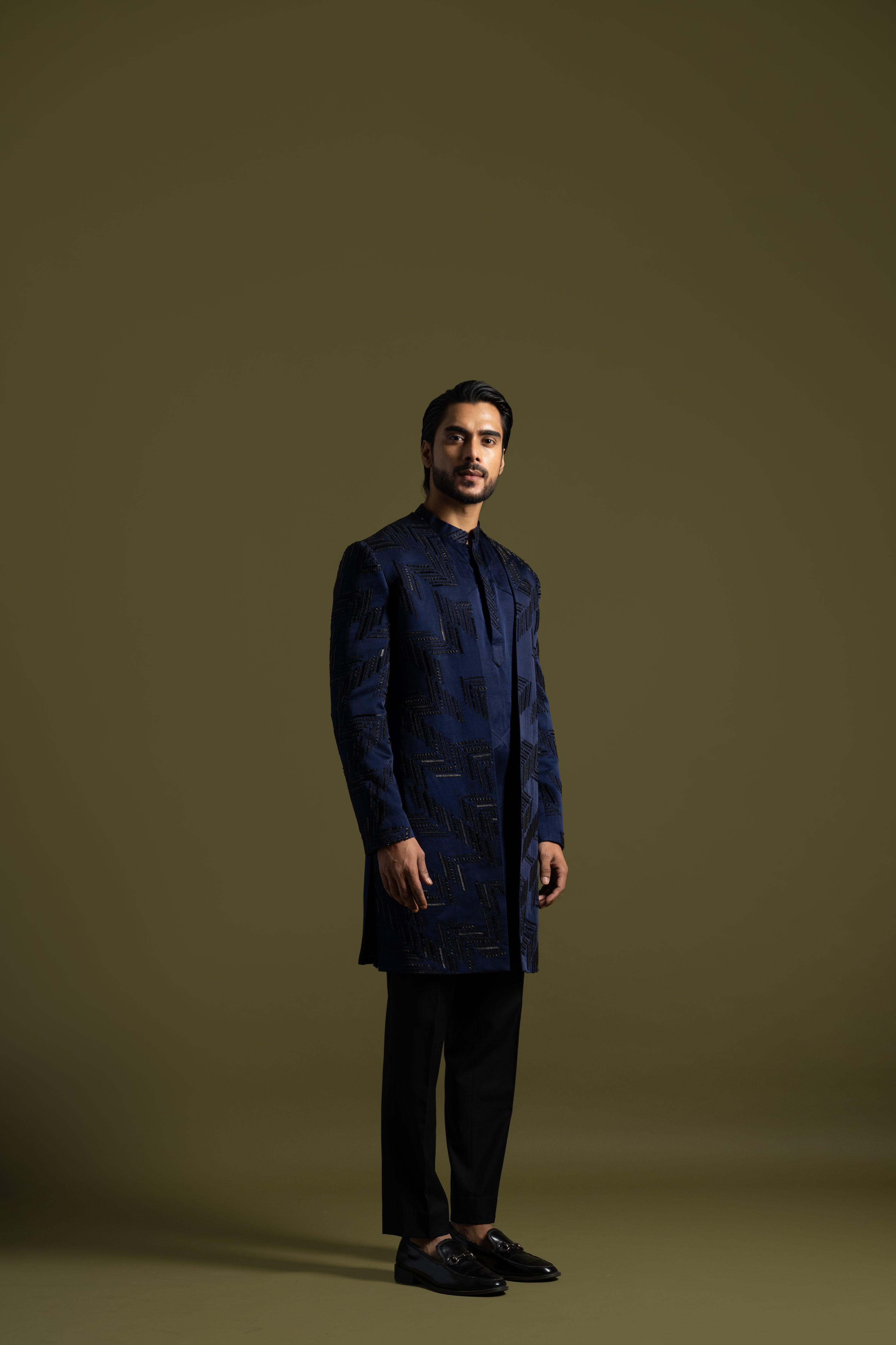 NAVY BLUE HERRINGBONE ACHKAN SET
