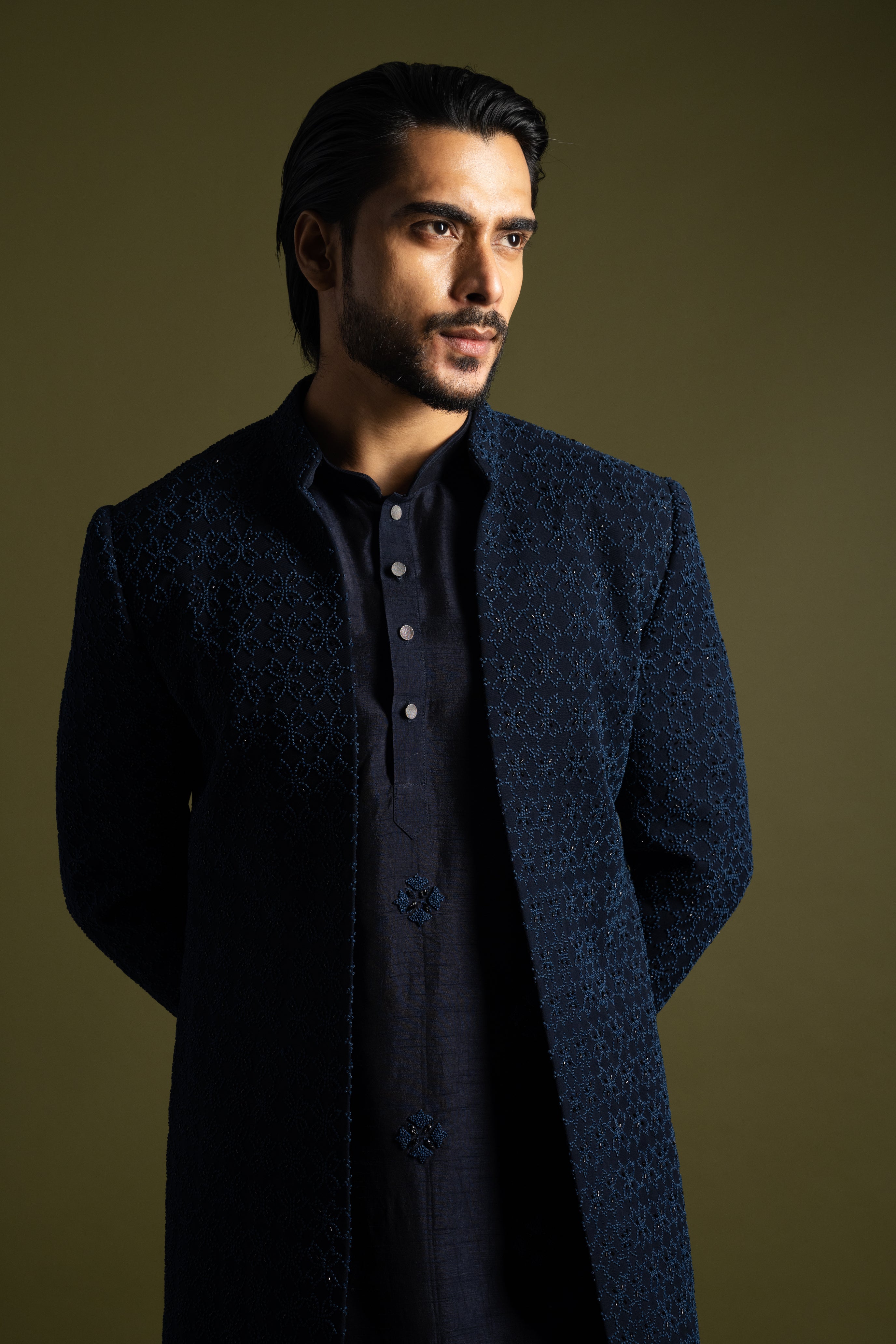 BLUE FLORAL FRENCHKNOTS EMBROIDERED ACHKAN SET