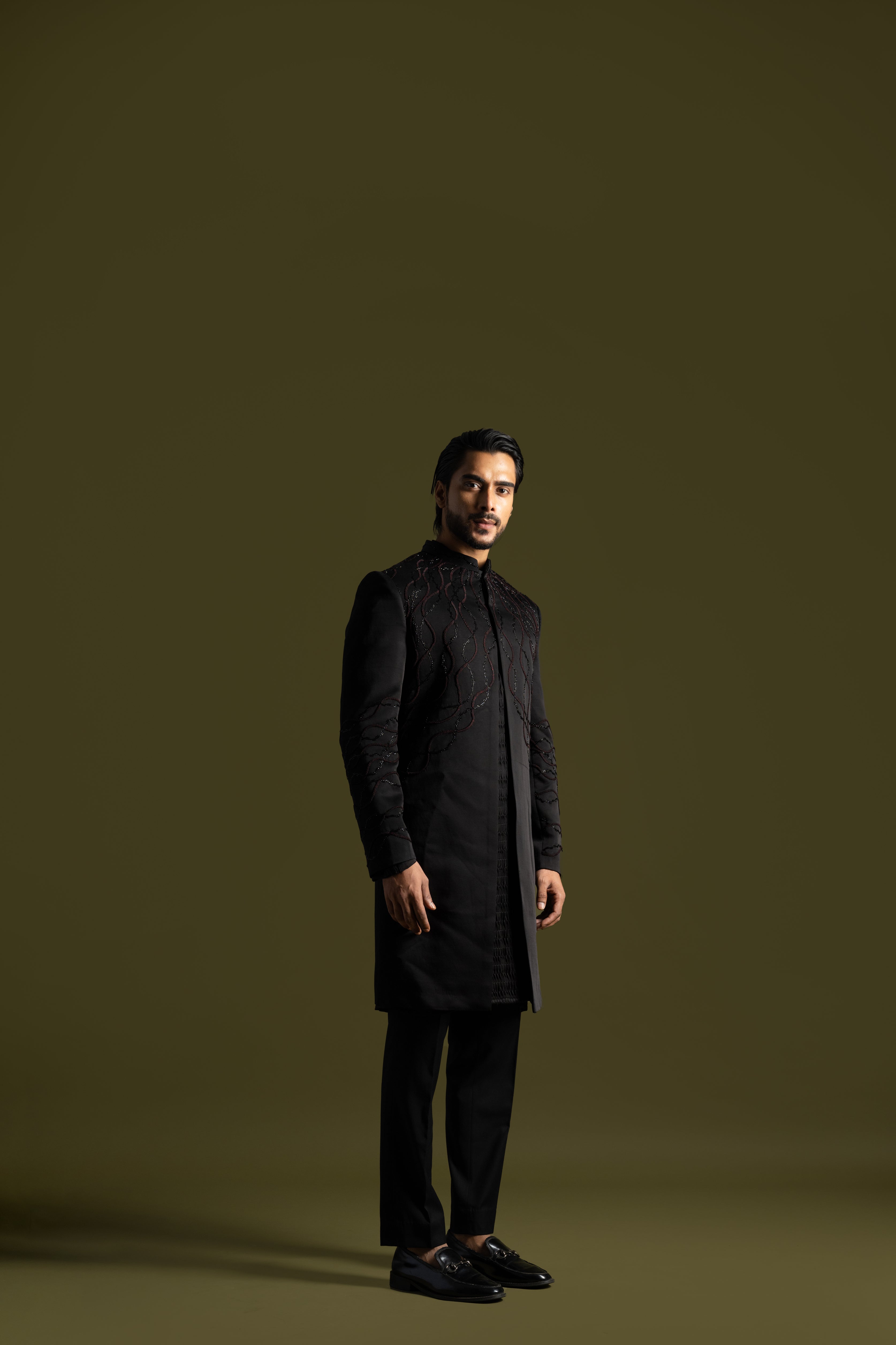 BLACK LINEAR SHADED ACHKAN SET