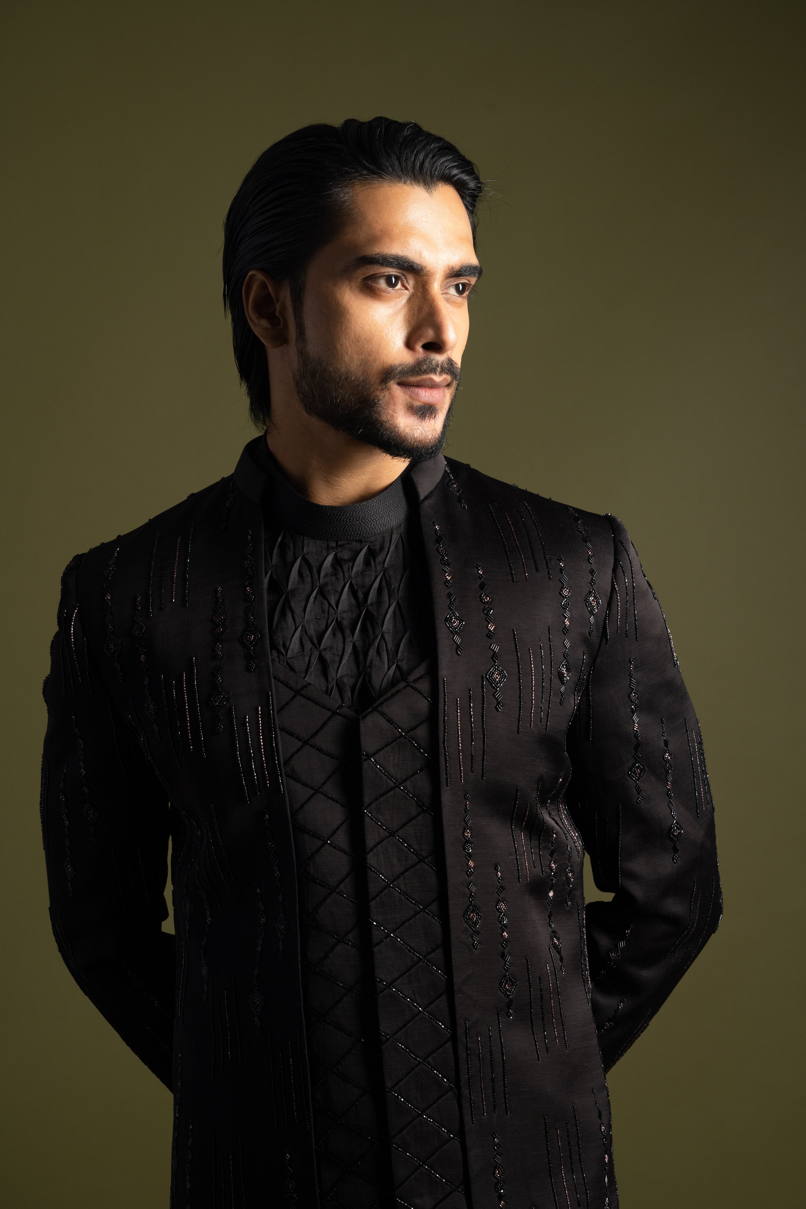 BLACK DOUBLE-PANELLED ACHKAN SET