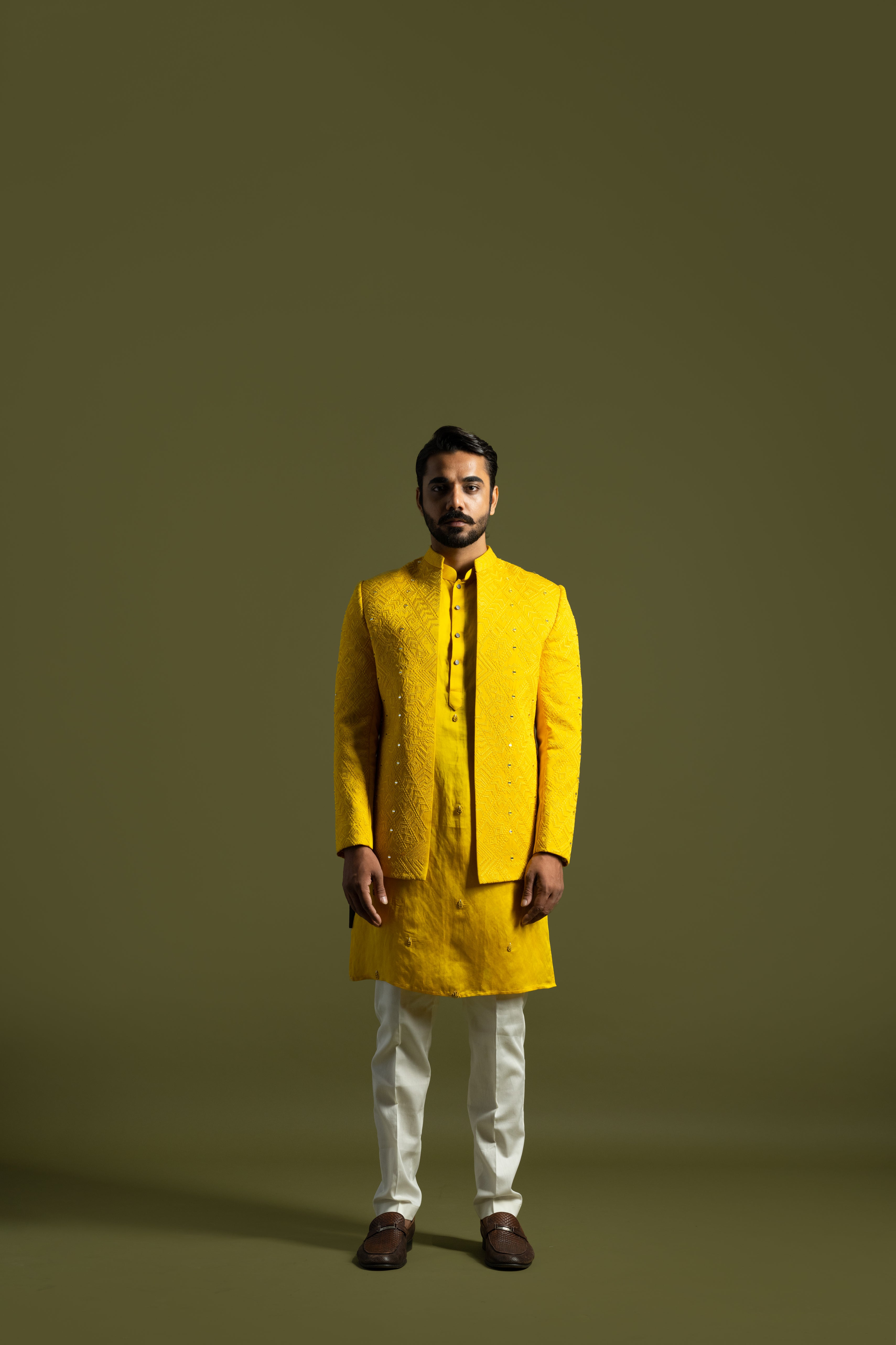 BRIGHT YELLOW LINEN SATIN ACHKAN SET