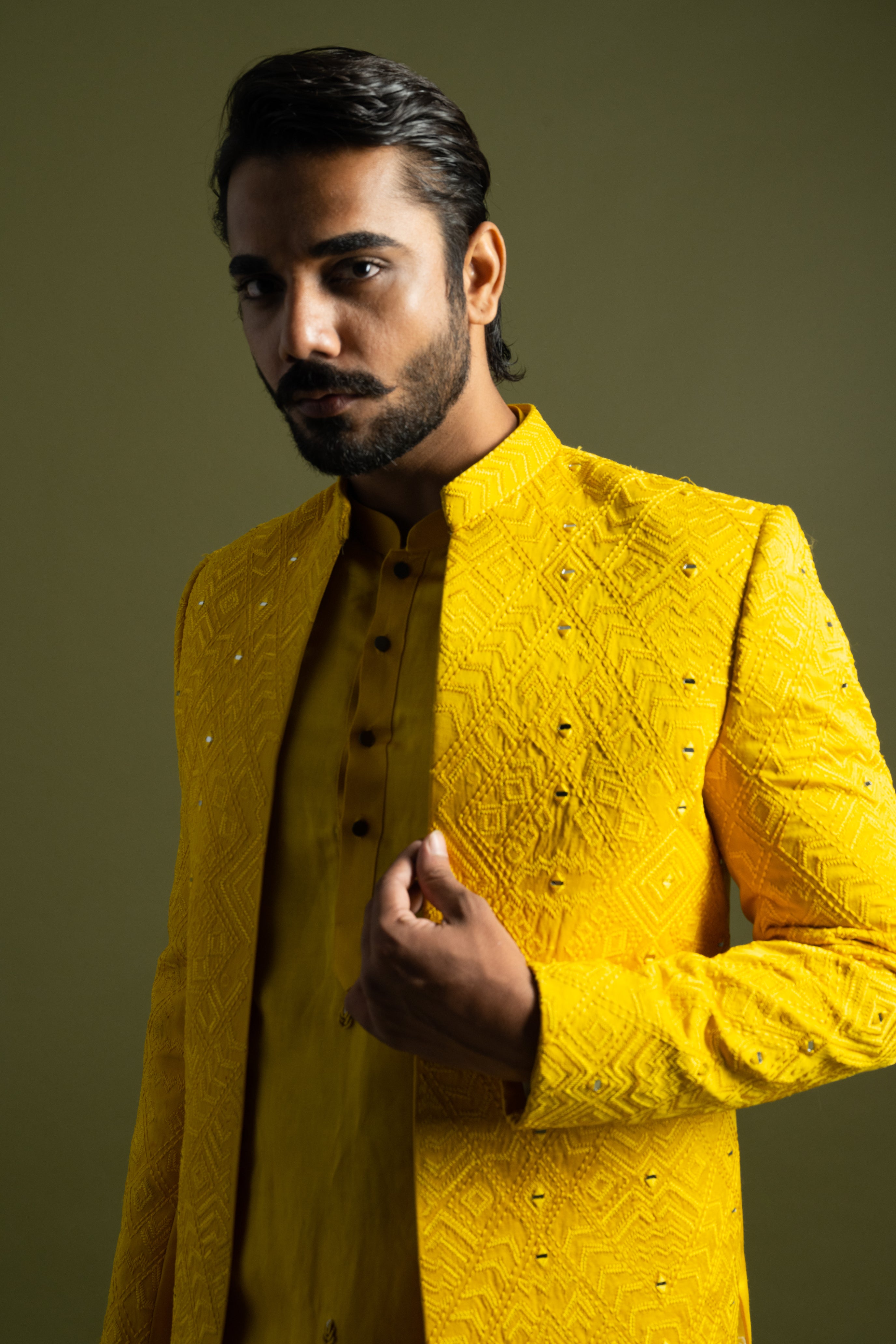 BRIGHT YELLOW LINEN SATIN ACHKAN SET
