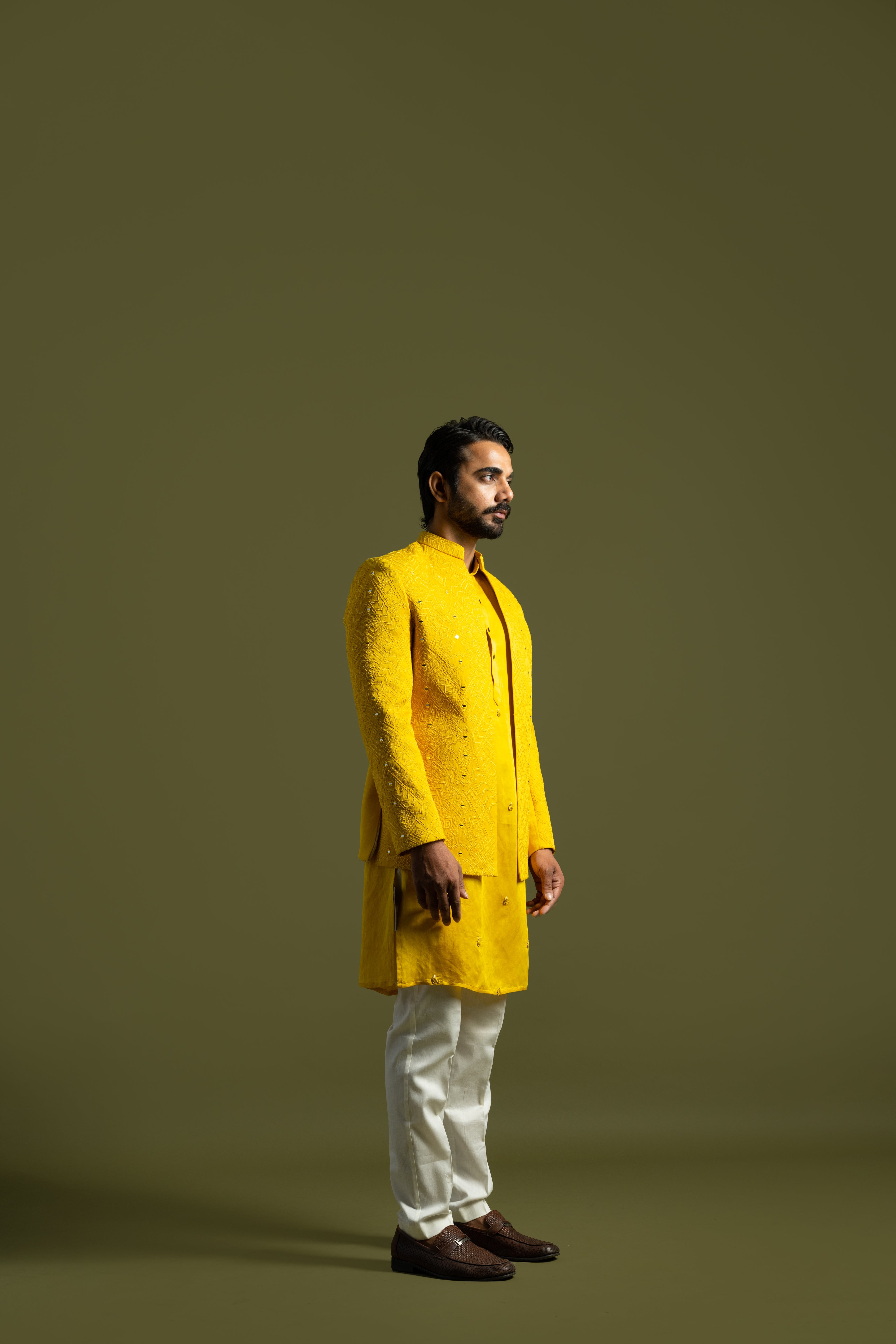 BRIGHT YELLOW LINEN SATIN ACHKAN SET