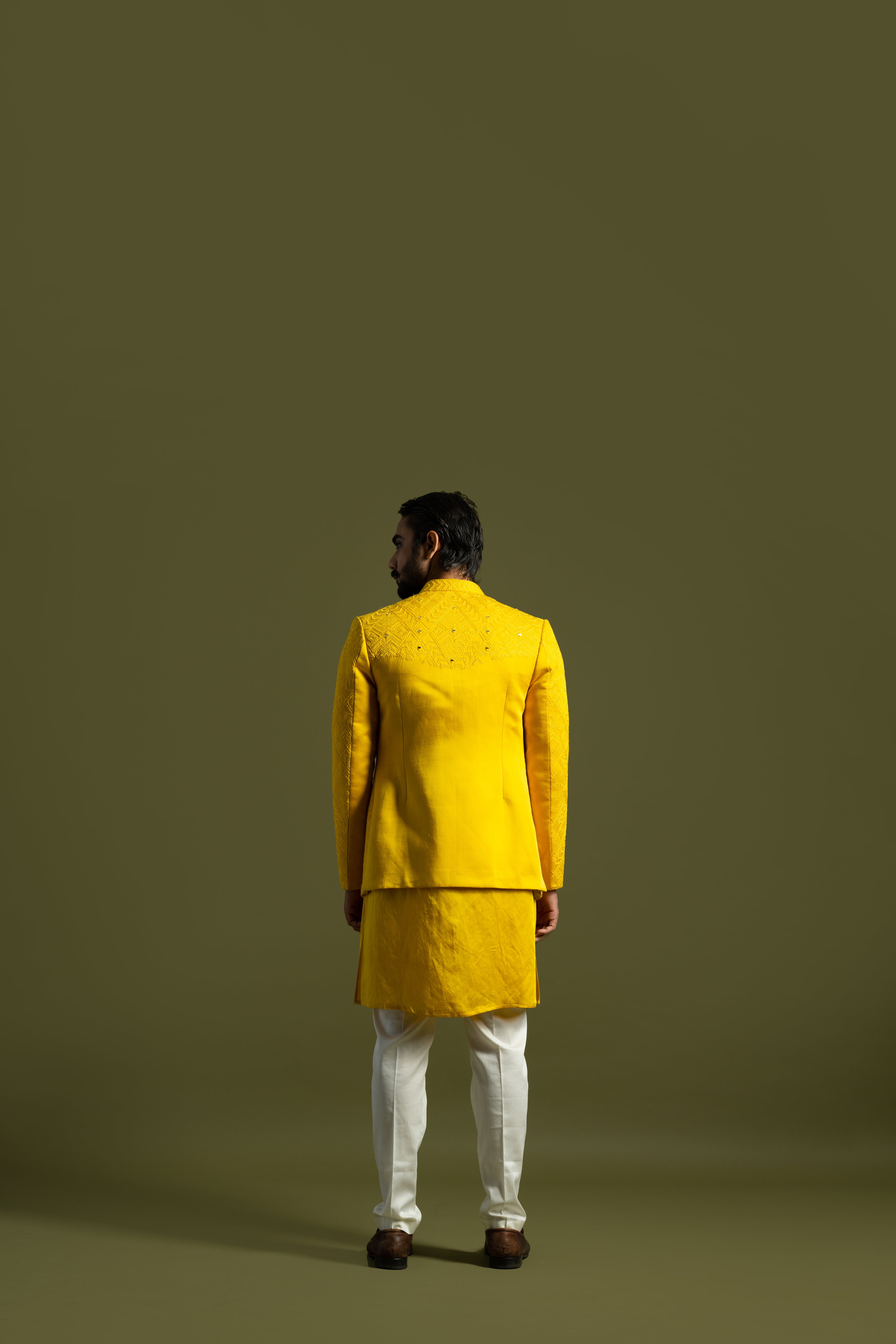 BRIGHT YELLOW LINEN SATIN ACHKAN SET