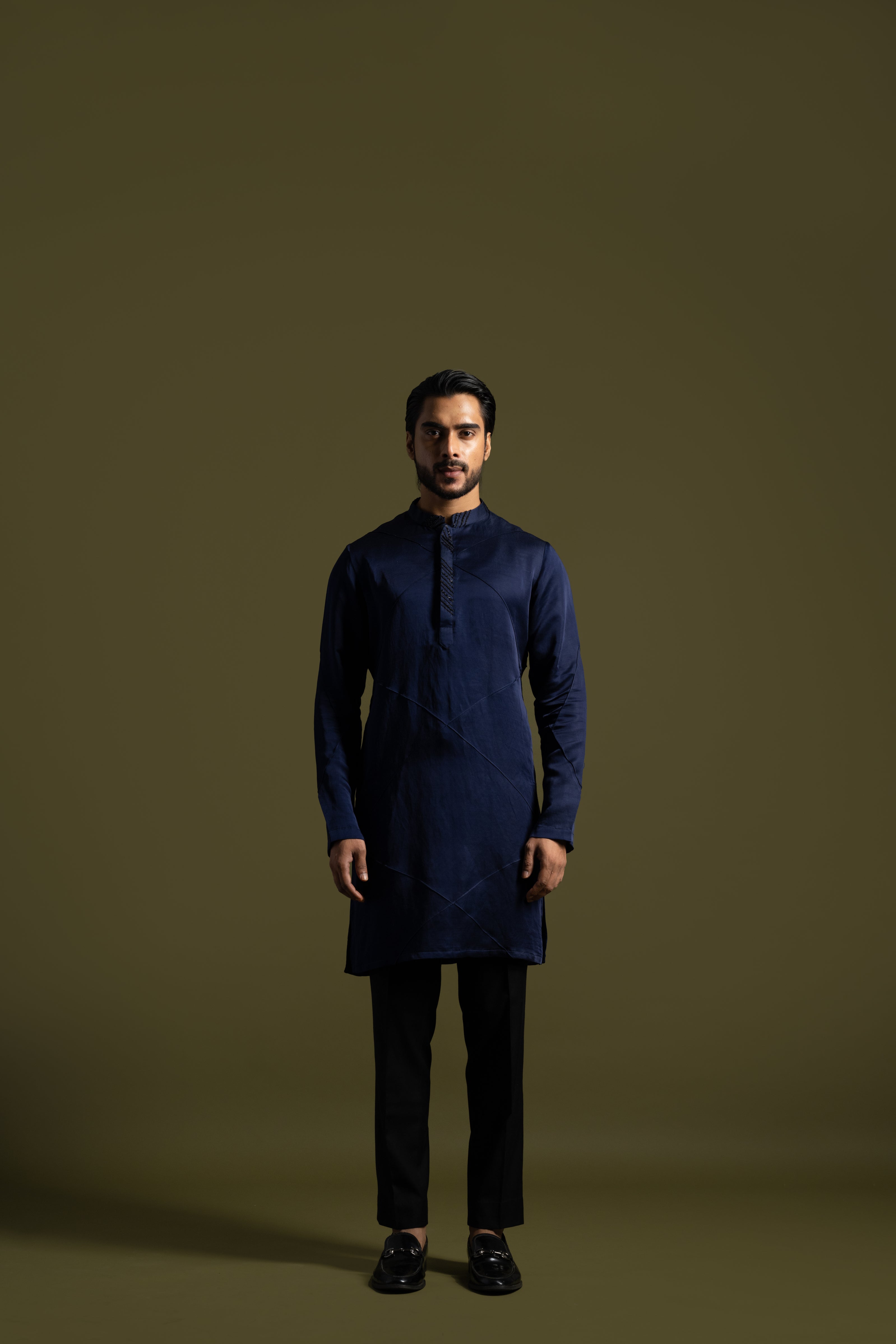 NAVY BLUE LINEN SATIN PINTUCKS KURTA SET