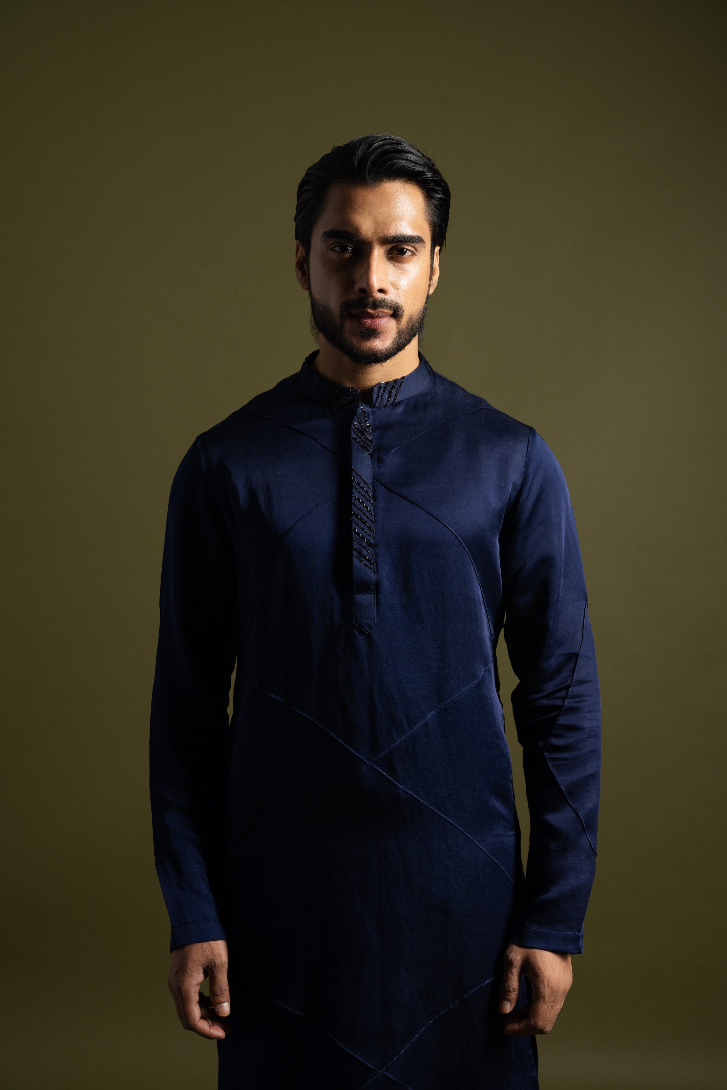 NAVY BLUE LINEN SATIN PINTUCKS KURTA SET