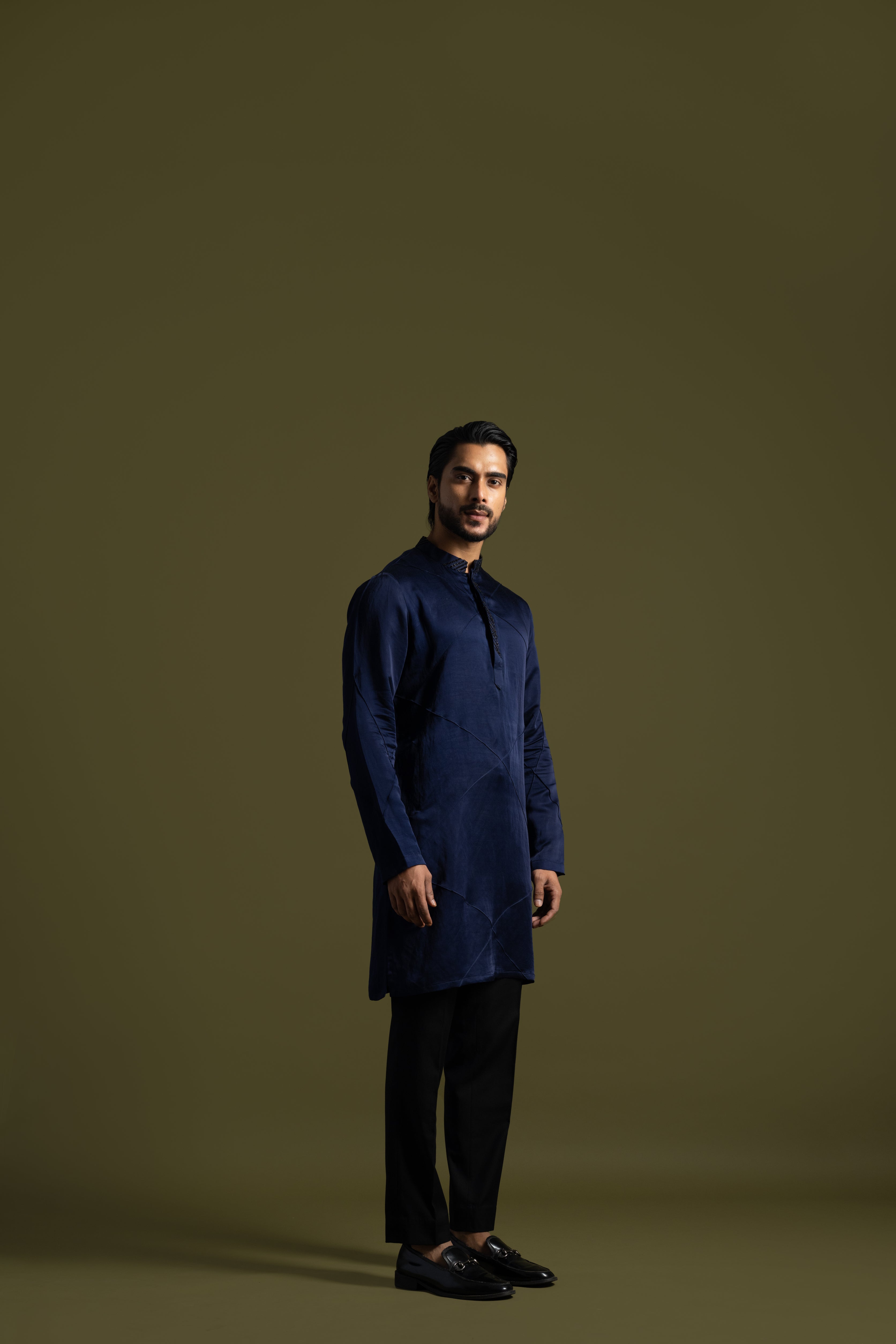 NAVY BLUE LINEN SATIN PINTUCKS KURTA SET