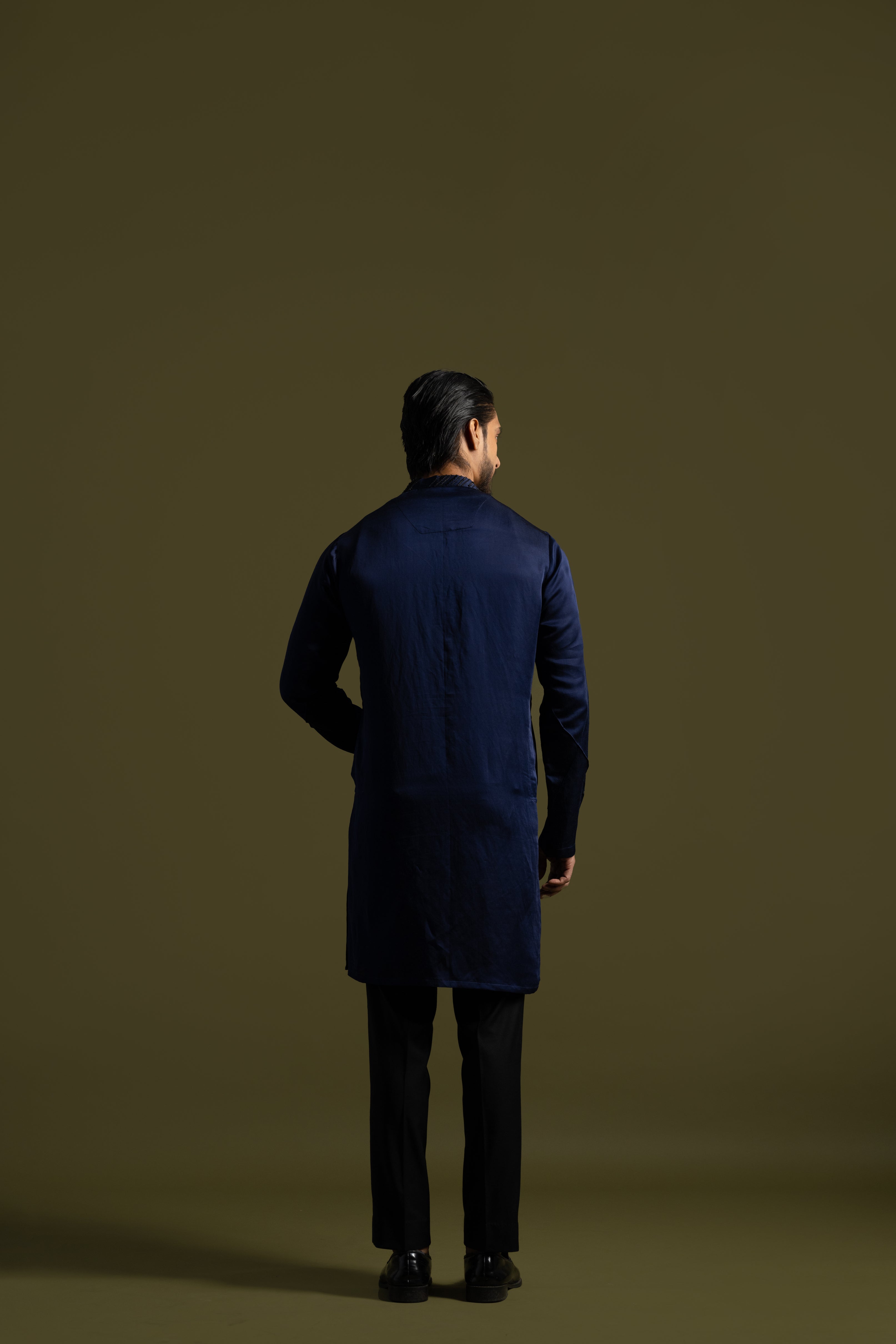 NAVY BLUE LINEN SATIN PINTUCKS KURTA SET