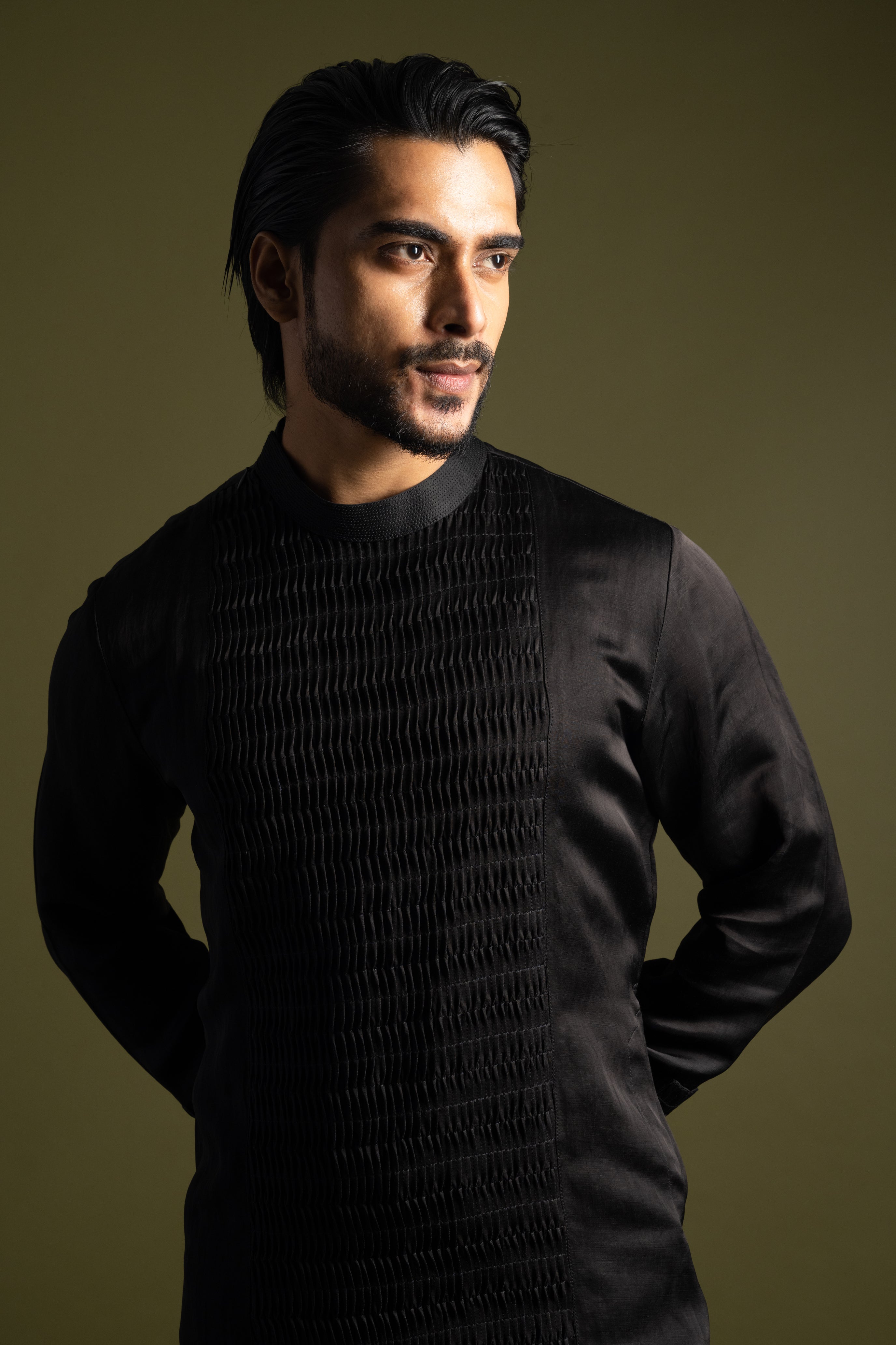 BLACK SATIN SMOCKED KURTA SET