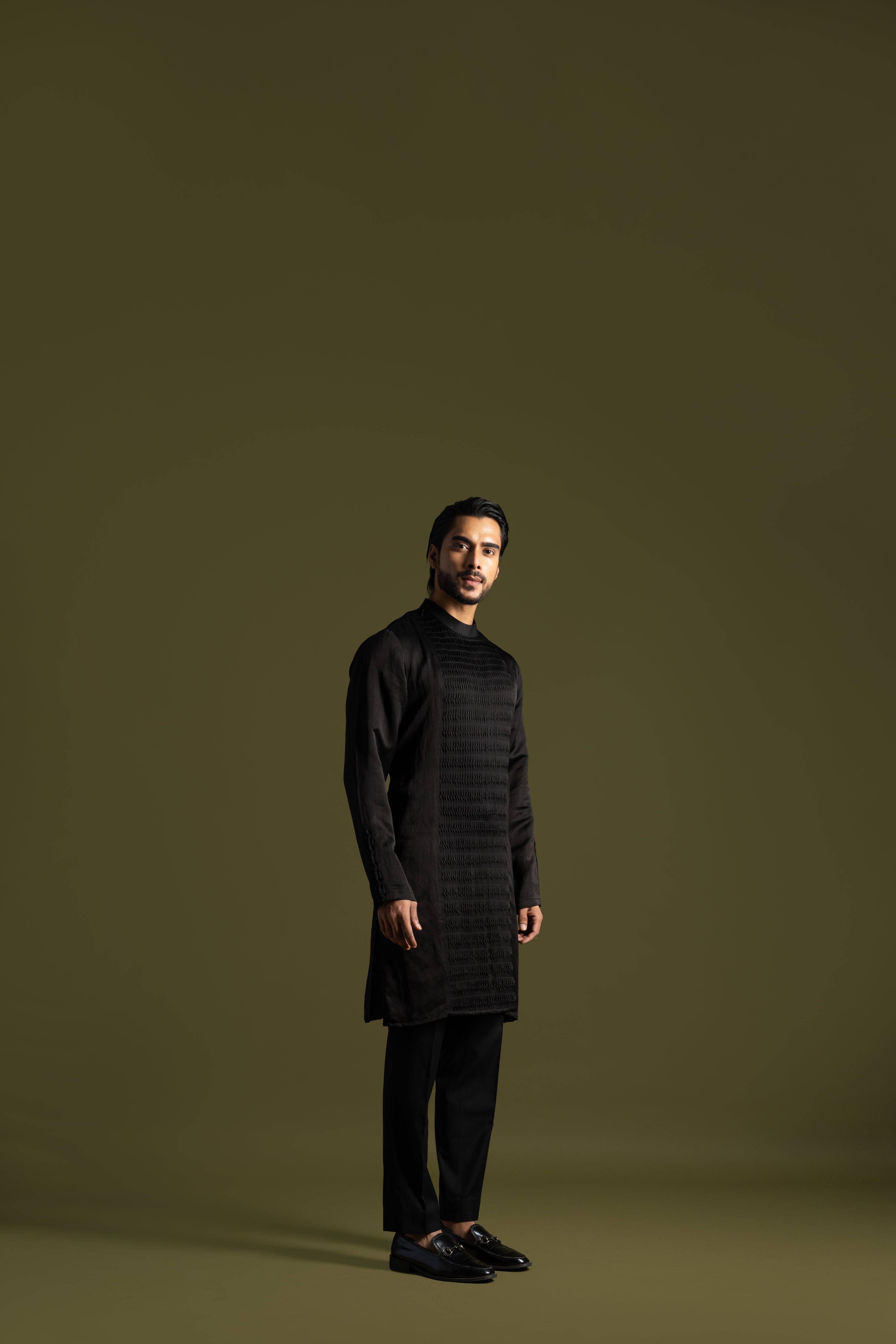 BLACK SATIN SMOCKED KURTA SET