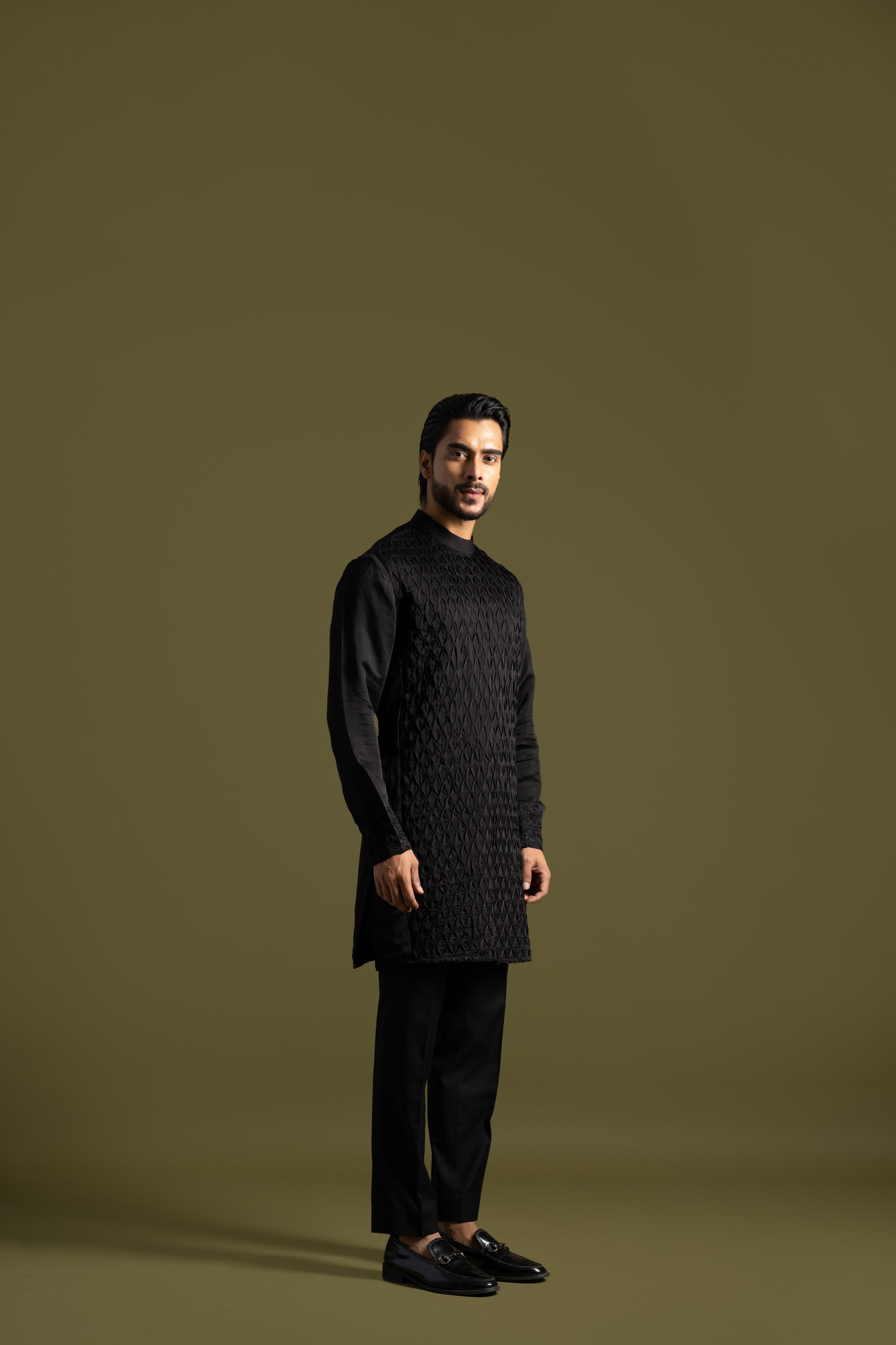 SMOCKED BLACK KURTA SET