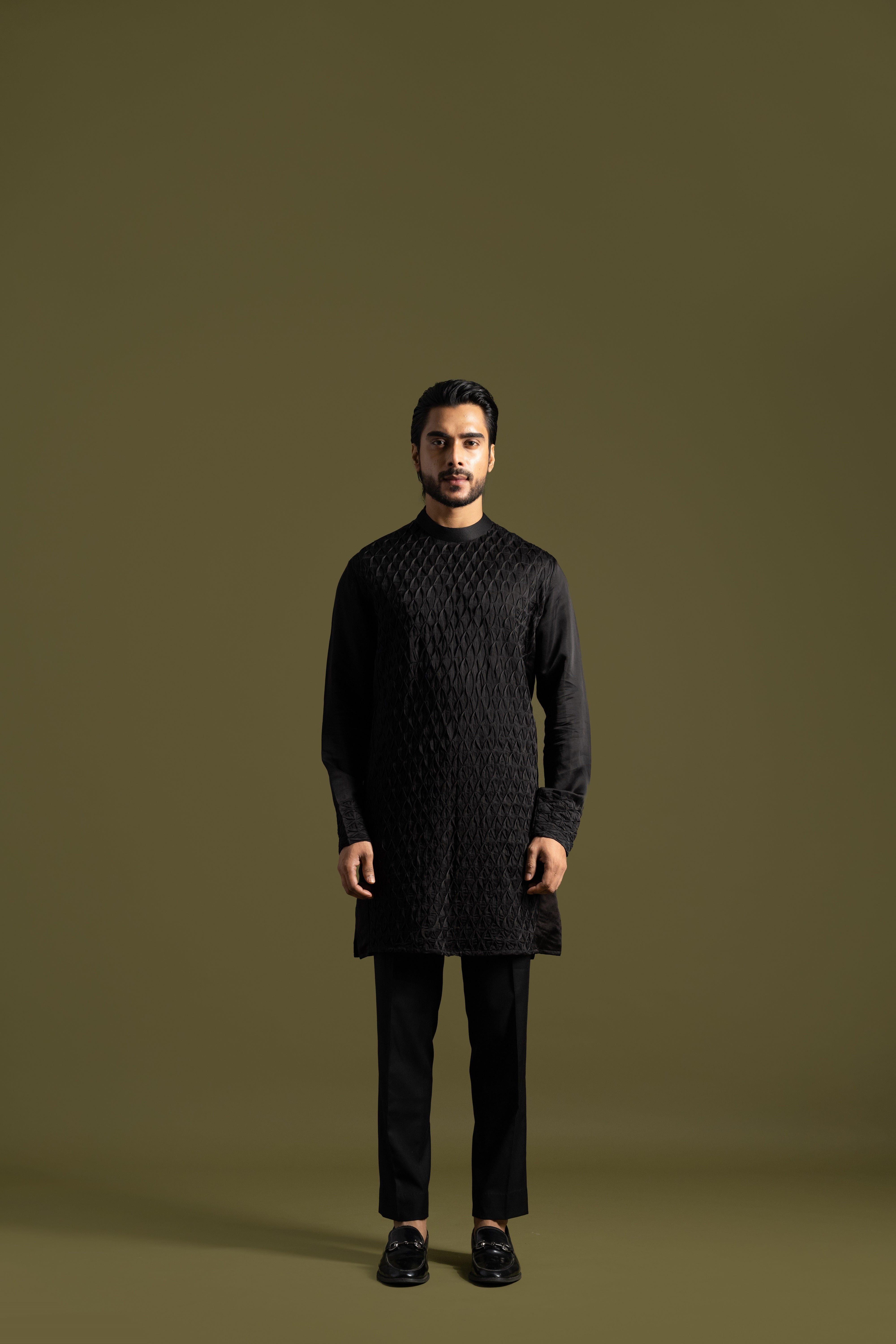SMOCKED BLACK KURTA SET