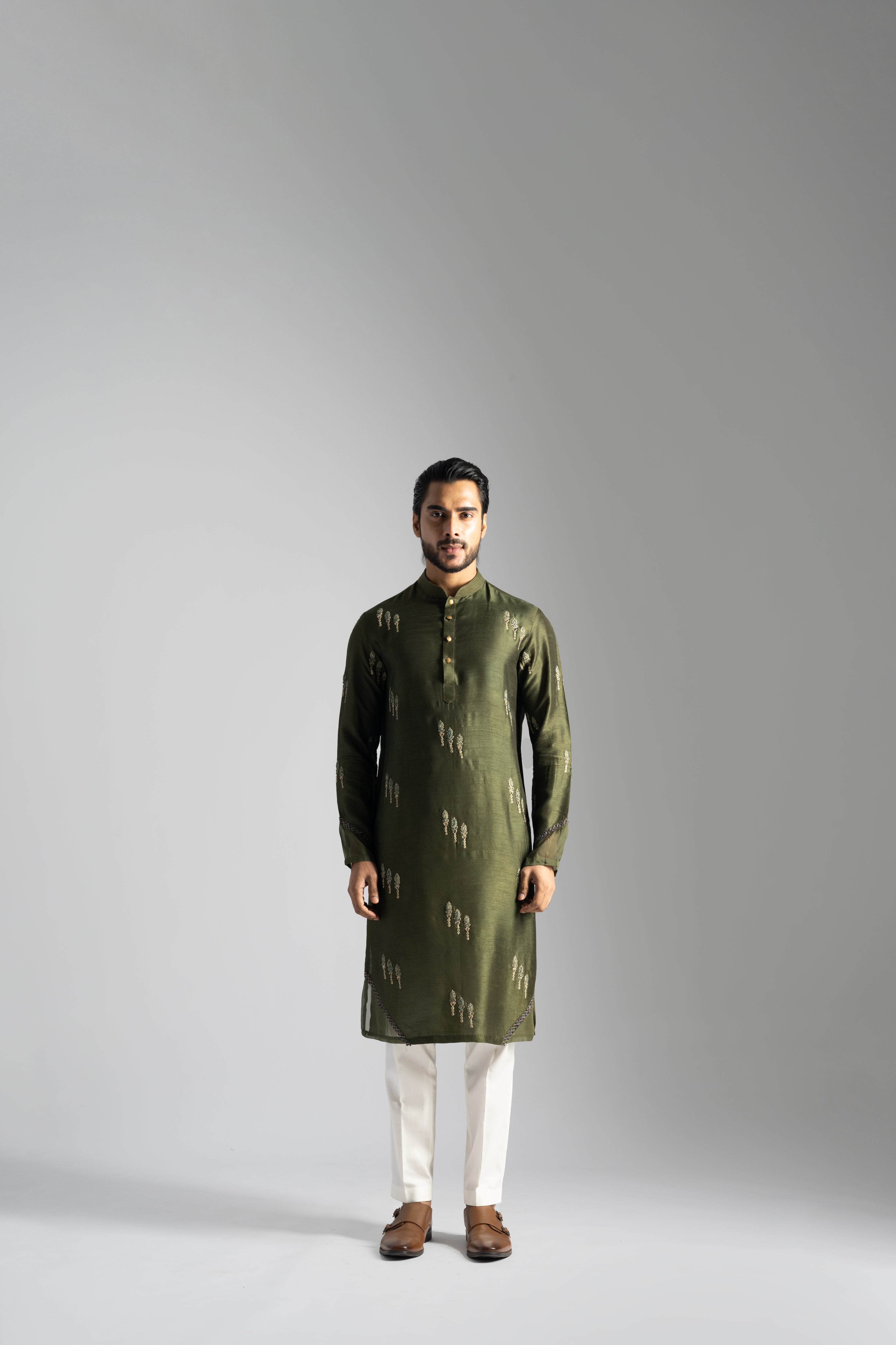 OLIVE GREEN FLORAL MOTIF KURTA SET