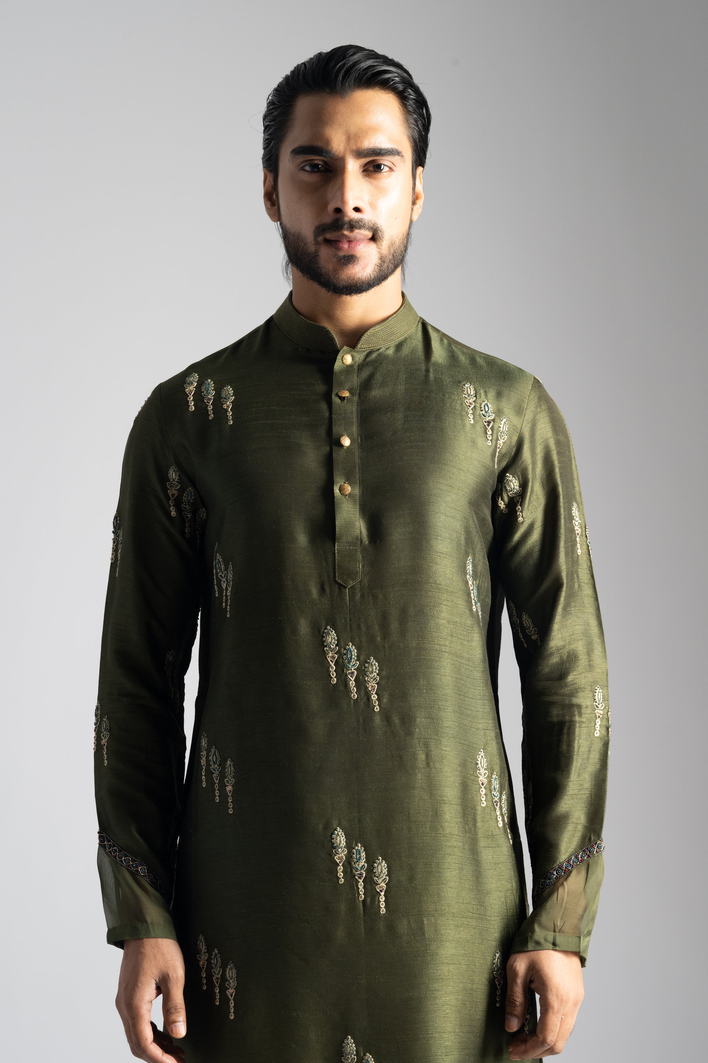 OLIVE GREEN FLORAL MOTIF KURTA SET