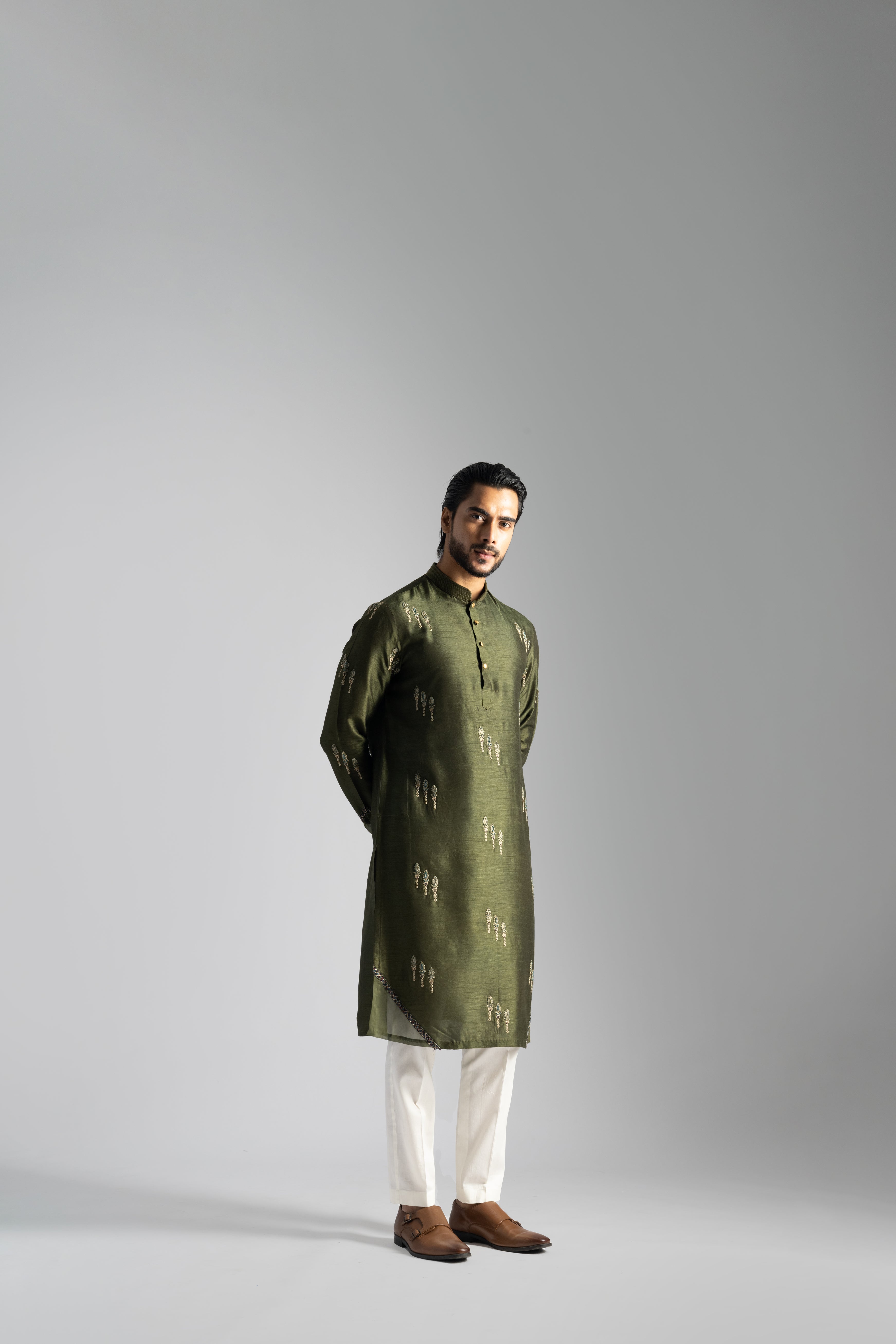OLIVE GREEN FLORAL MOTIF KURTA SET