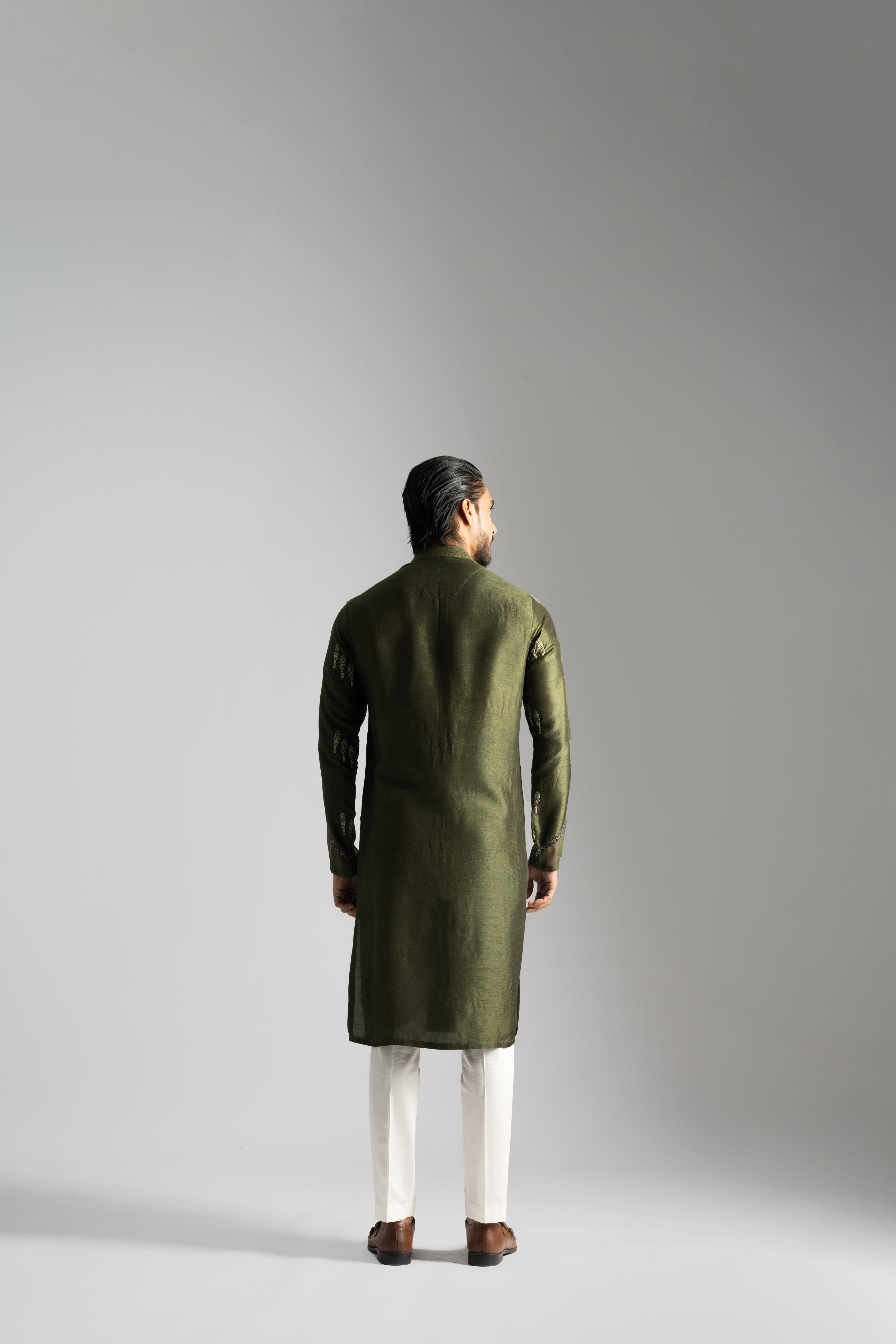 OLIVE GREEN FLORAL MOTIF KURTA SET