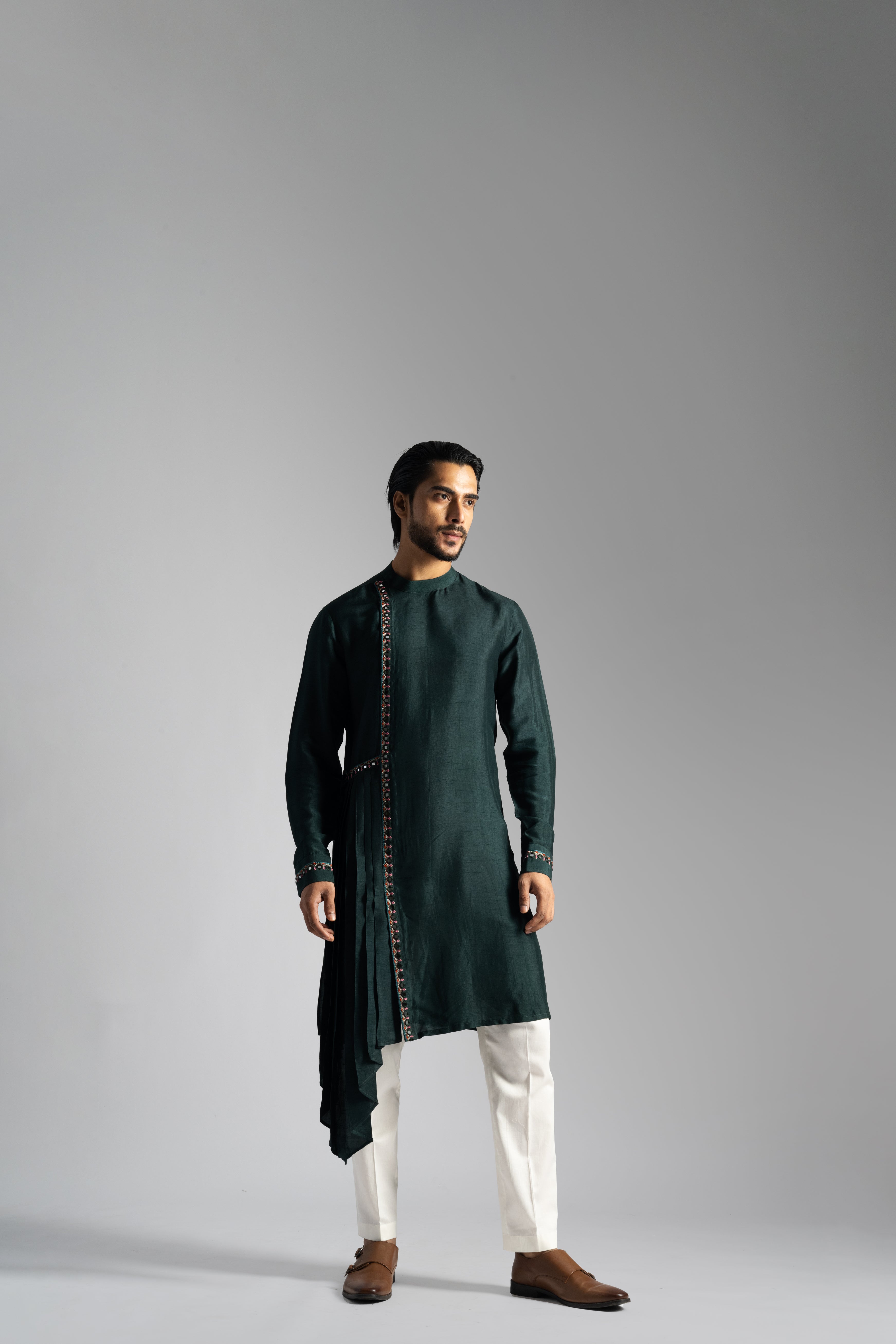 BOTTLE GREEN MIRROR WORK KURTA SET