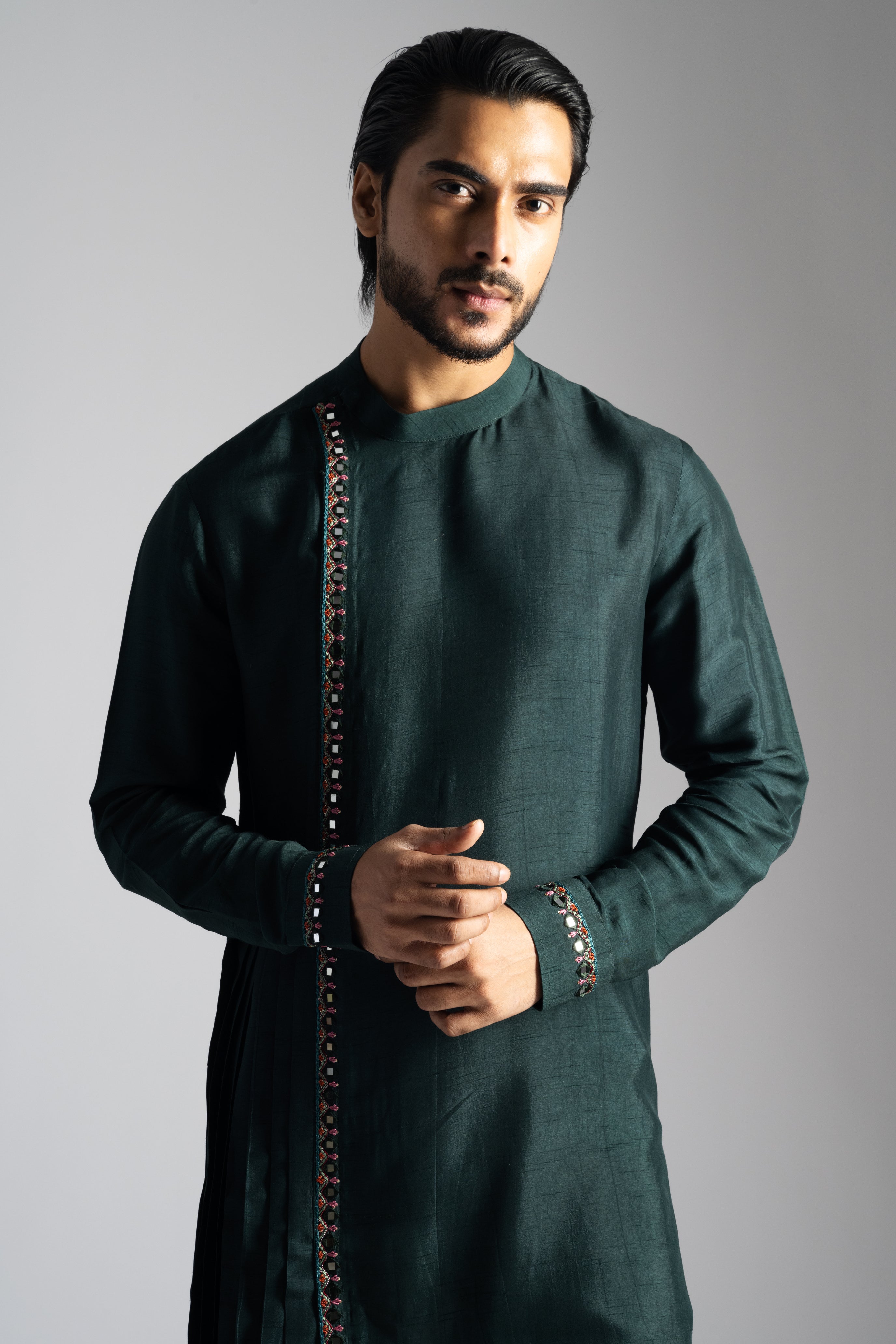BOTTLE GREEN MIRROR WORK KURTA SET