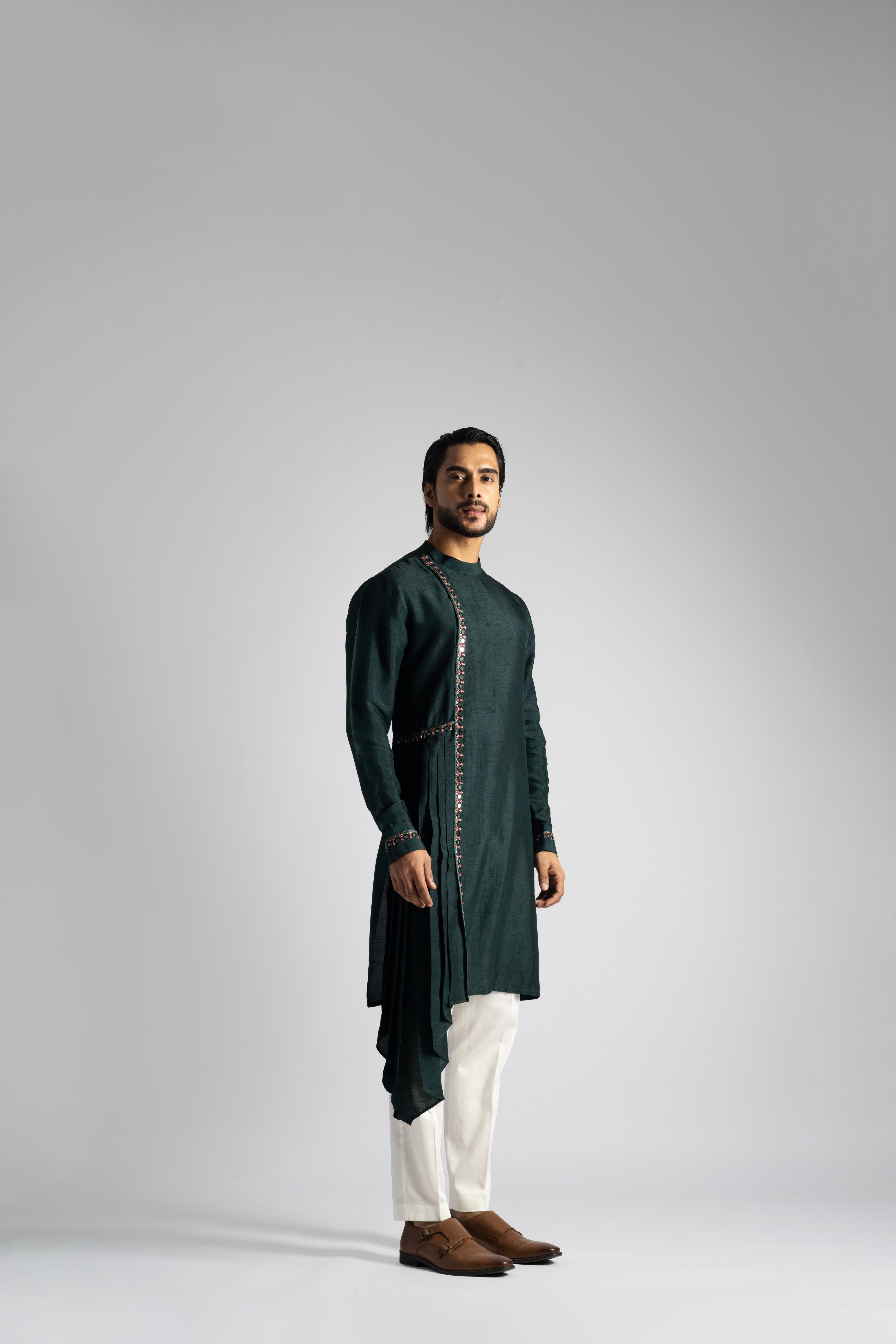 BOTTLE GREEN MIRROR WORK KURTA SET