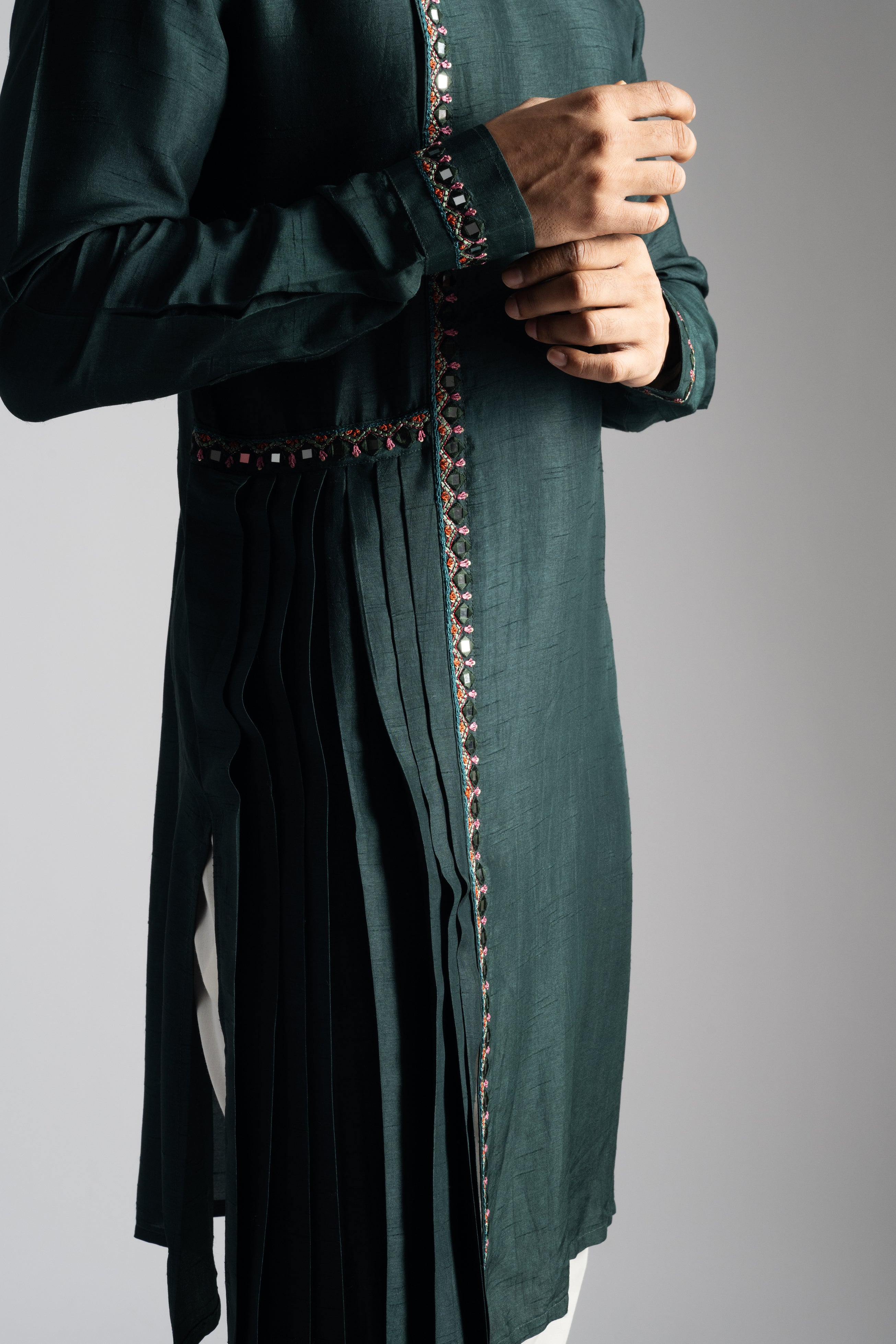 BOTTLE GREEN MIRROR WORK KURTA SET