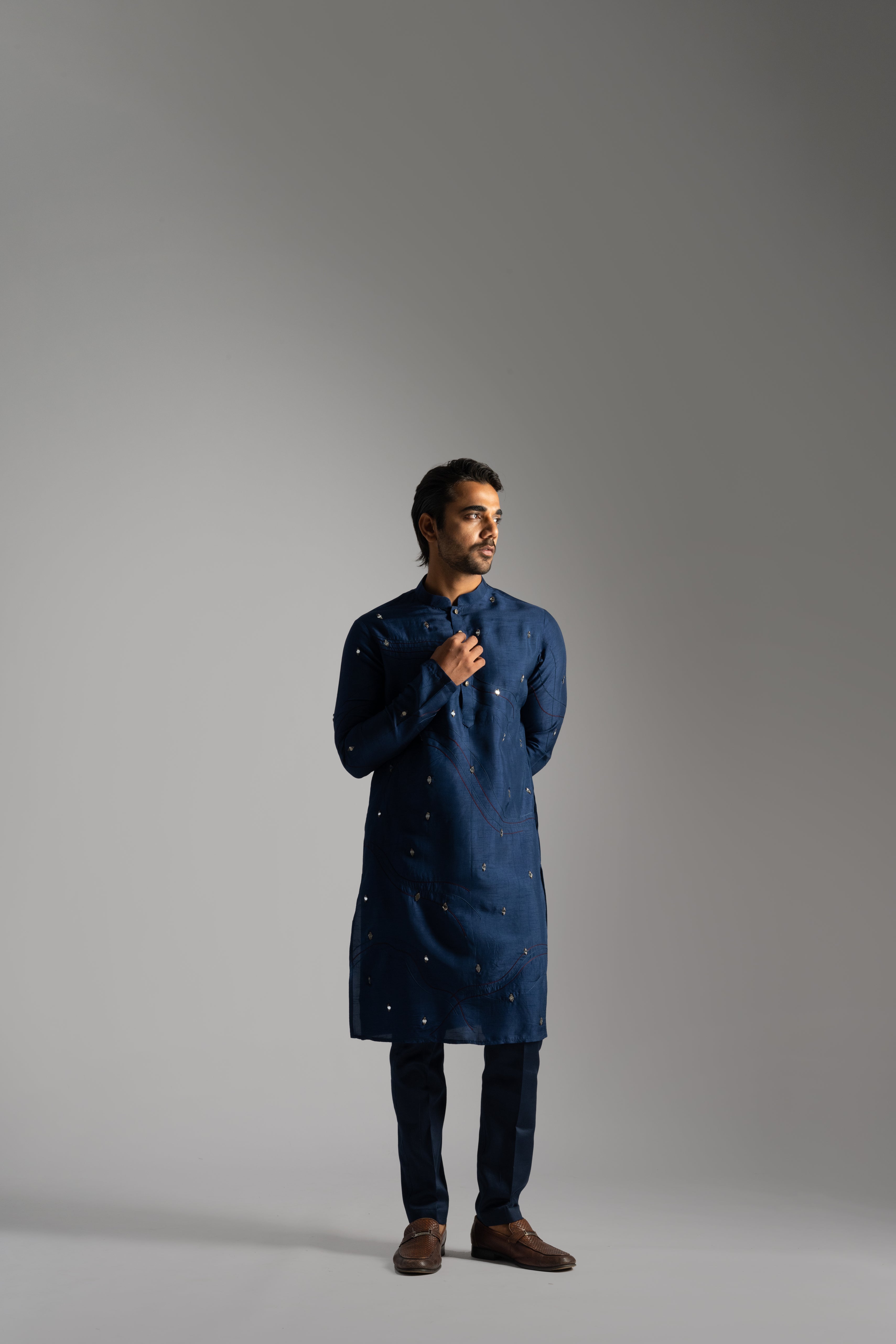 NAVY BLUE THREADWORK SILK KURTA SET