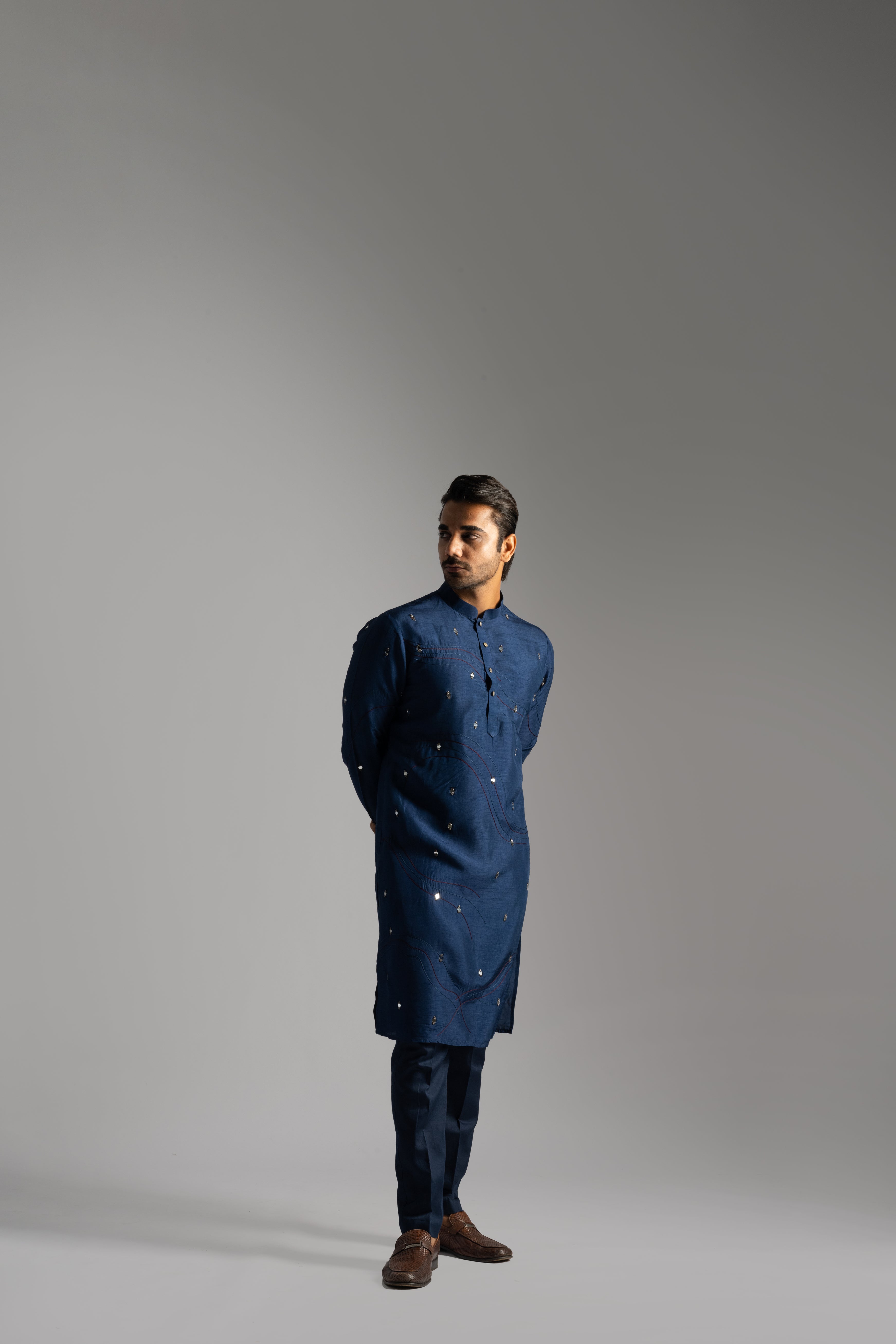 NAVY BLUE THREADWORK SILK KURTA SET
