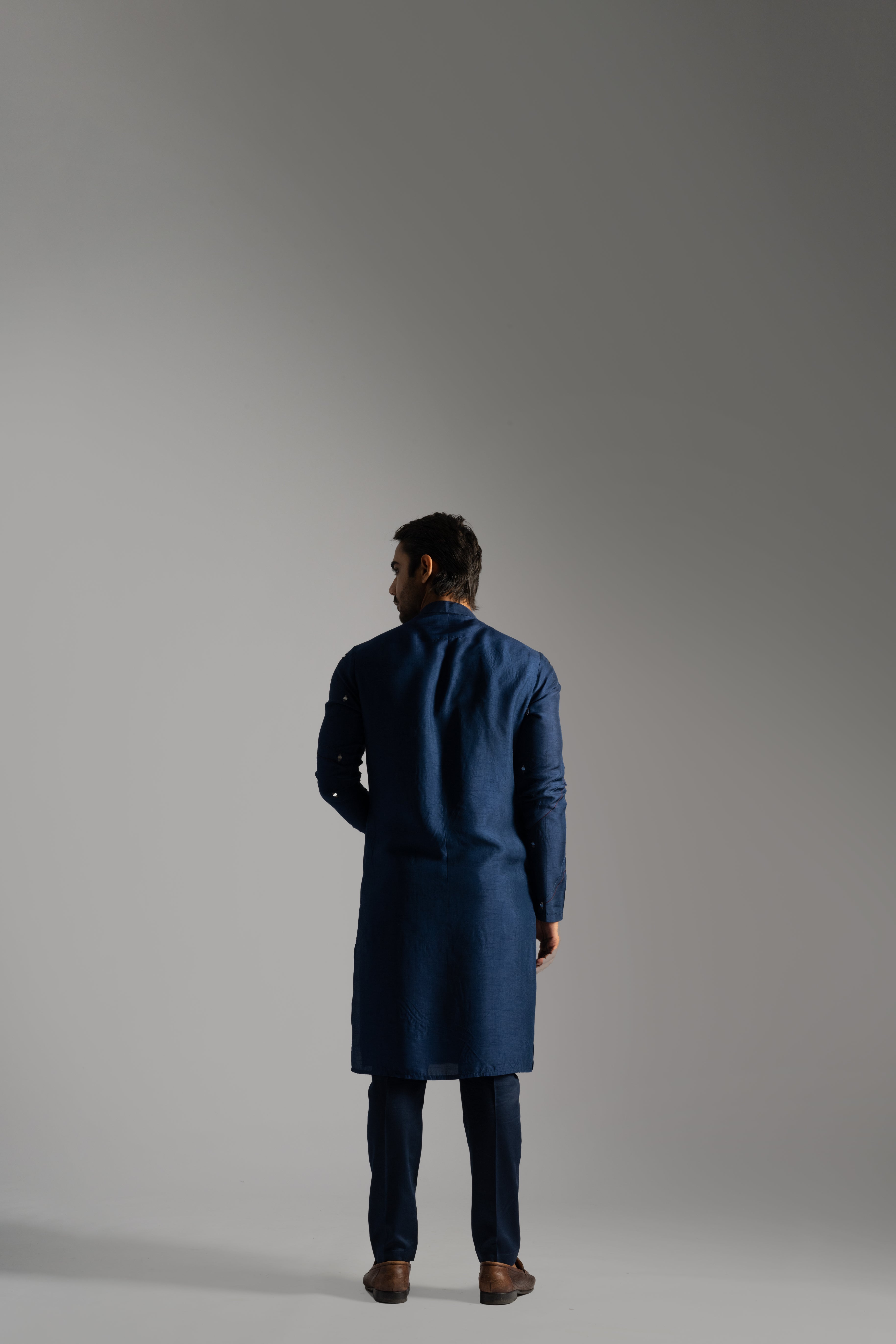 NAVY BLUE THREADWORK SILK KURTA SET