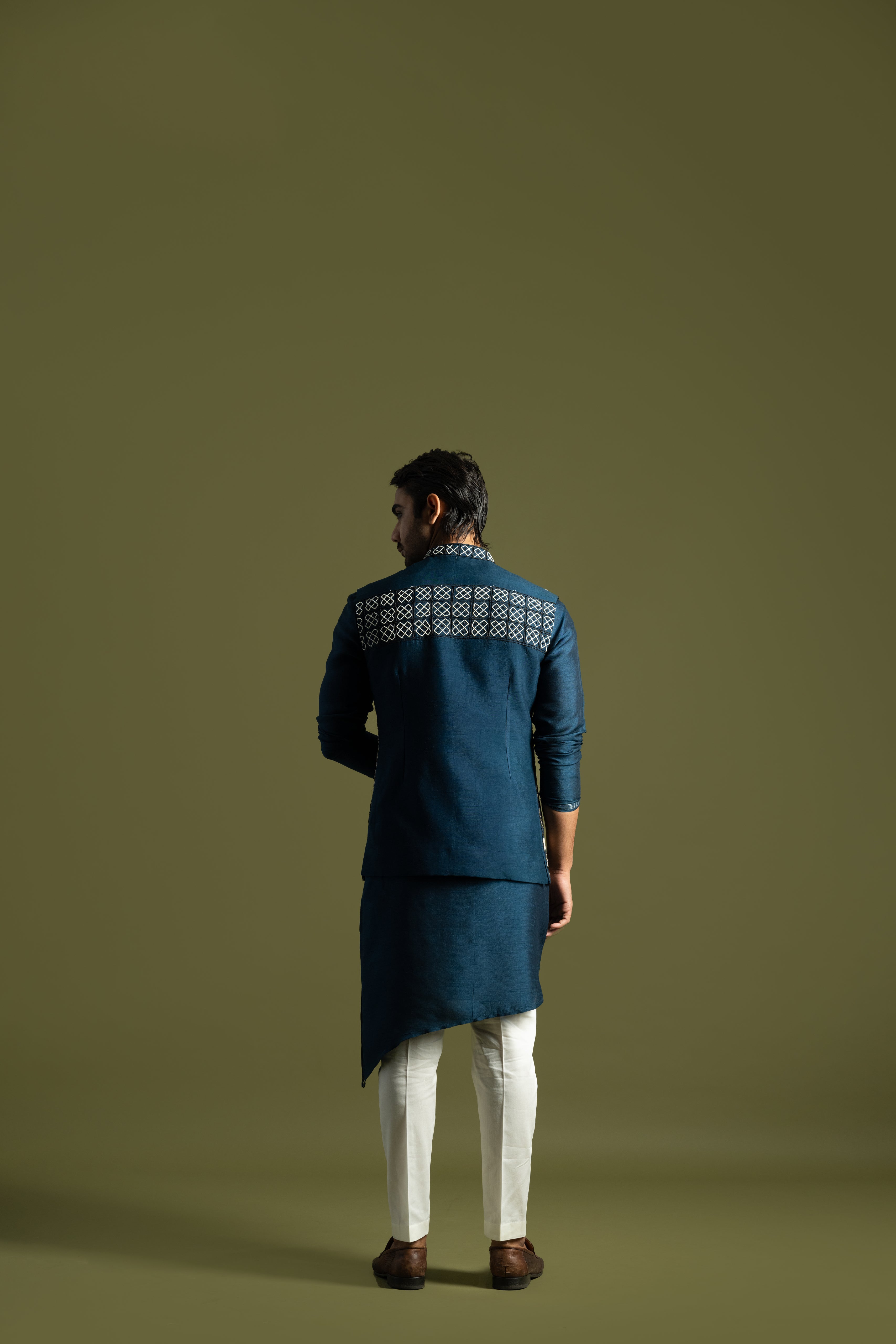 GEOMETRIC TEAL BLUE SILK NEHRU