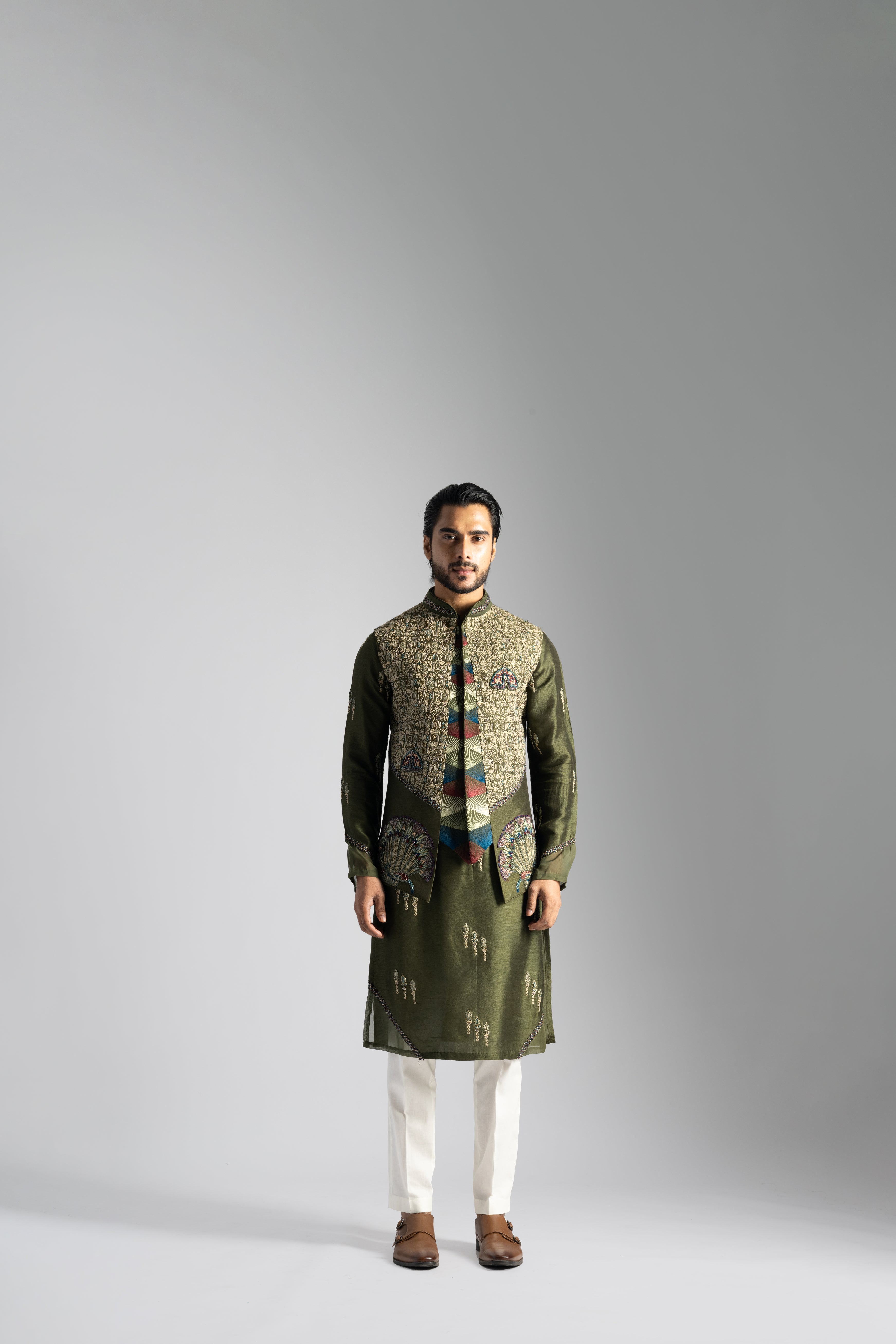OLIVE GREEN EGYPTIAN SCRIPTURED NEHRU KURTA SET