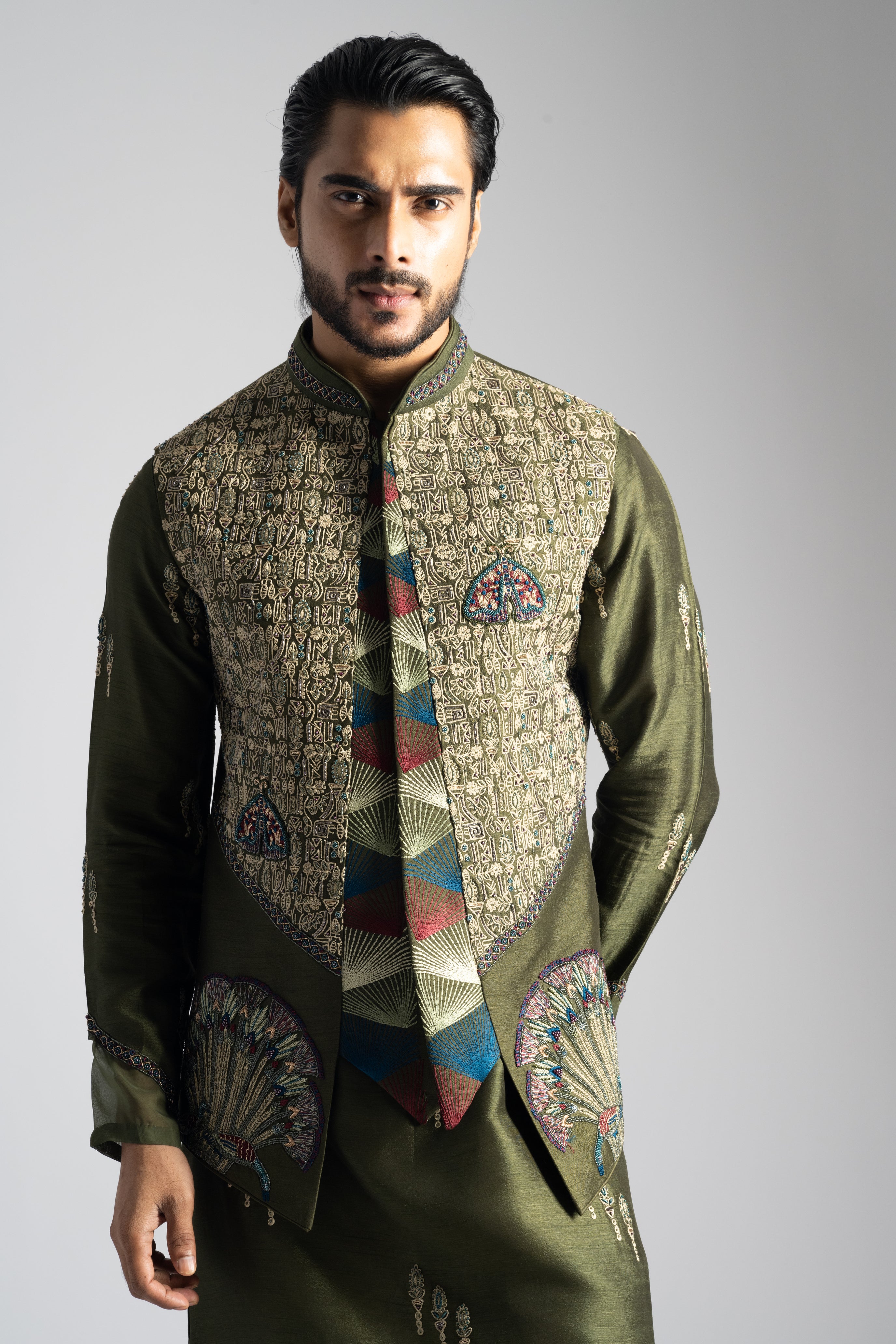 OLIVE GREEN EGYPTIAN SCRIPTURED NEHRU KURTA SET