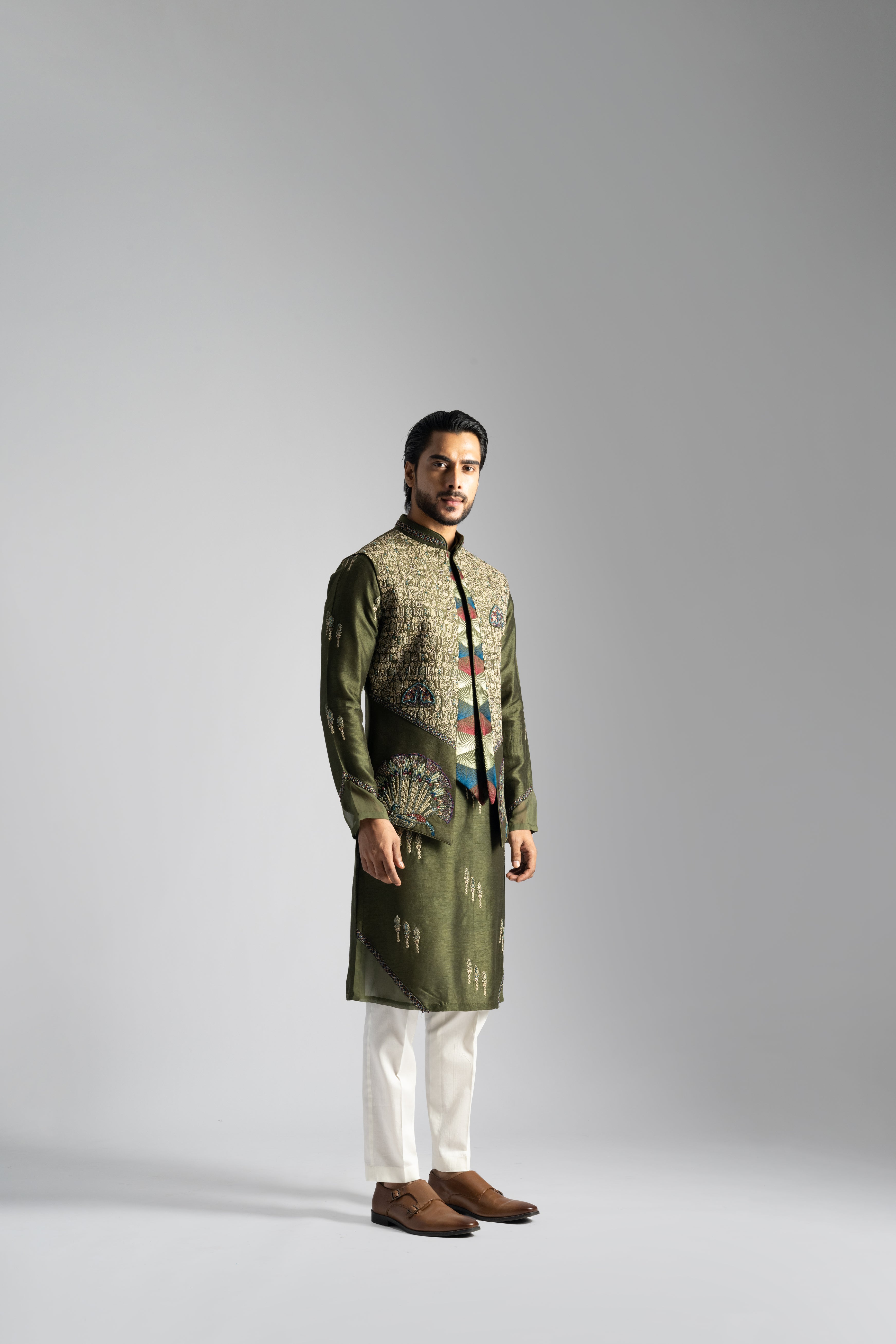 OLIVE GREEN EGYPTIAN SCRIPTURED NEHRU KURTA SET