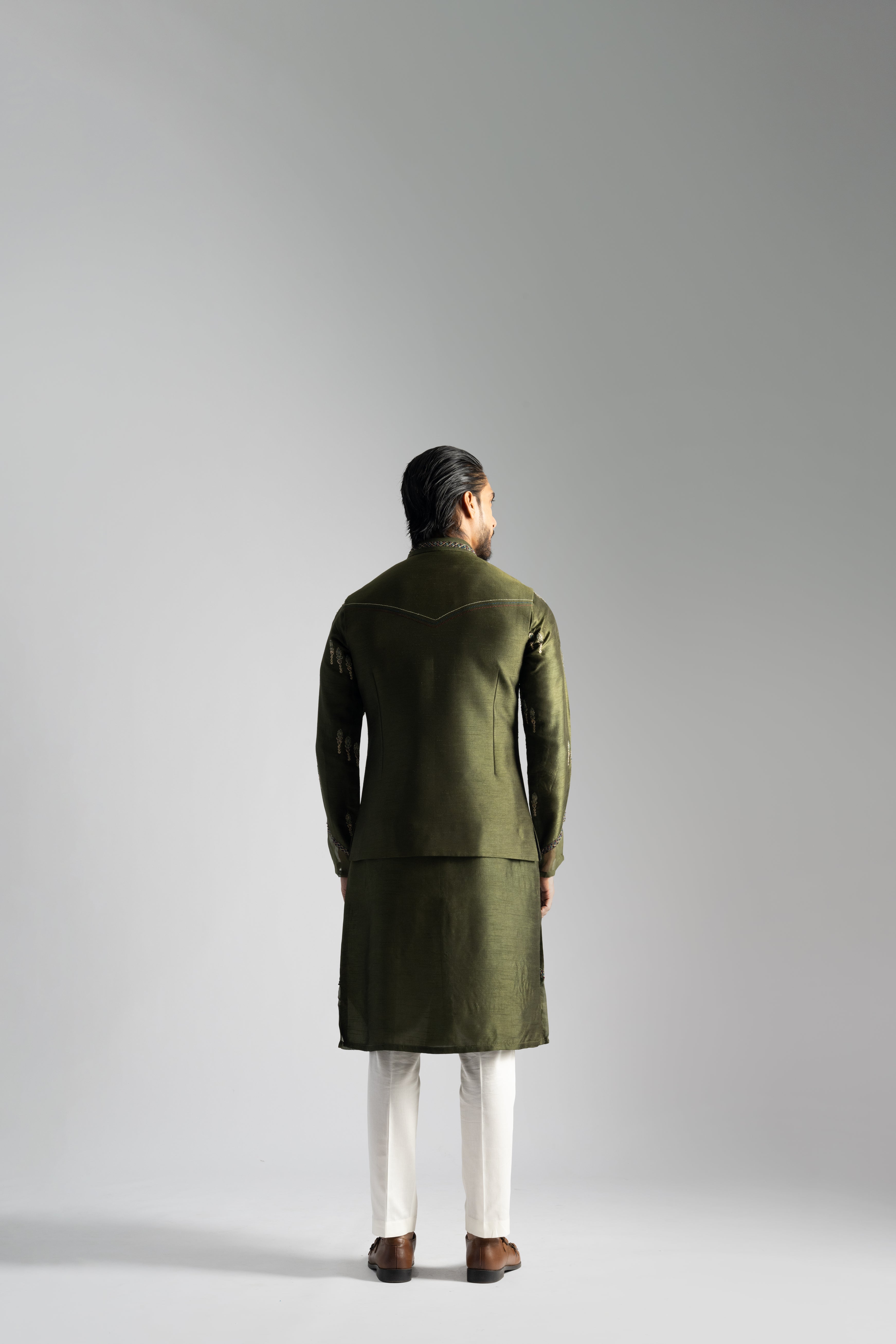 OLIVE GREEN EGYPTIAN SCRIPTURED NEHRU KURTA SET