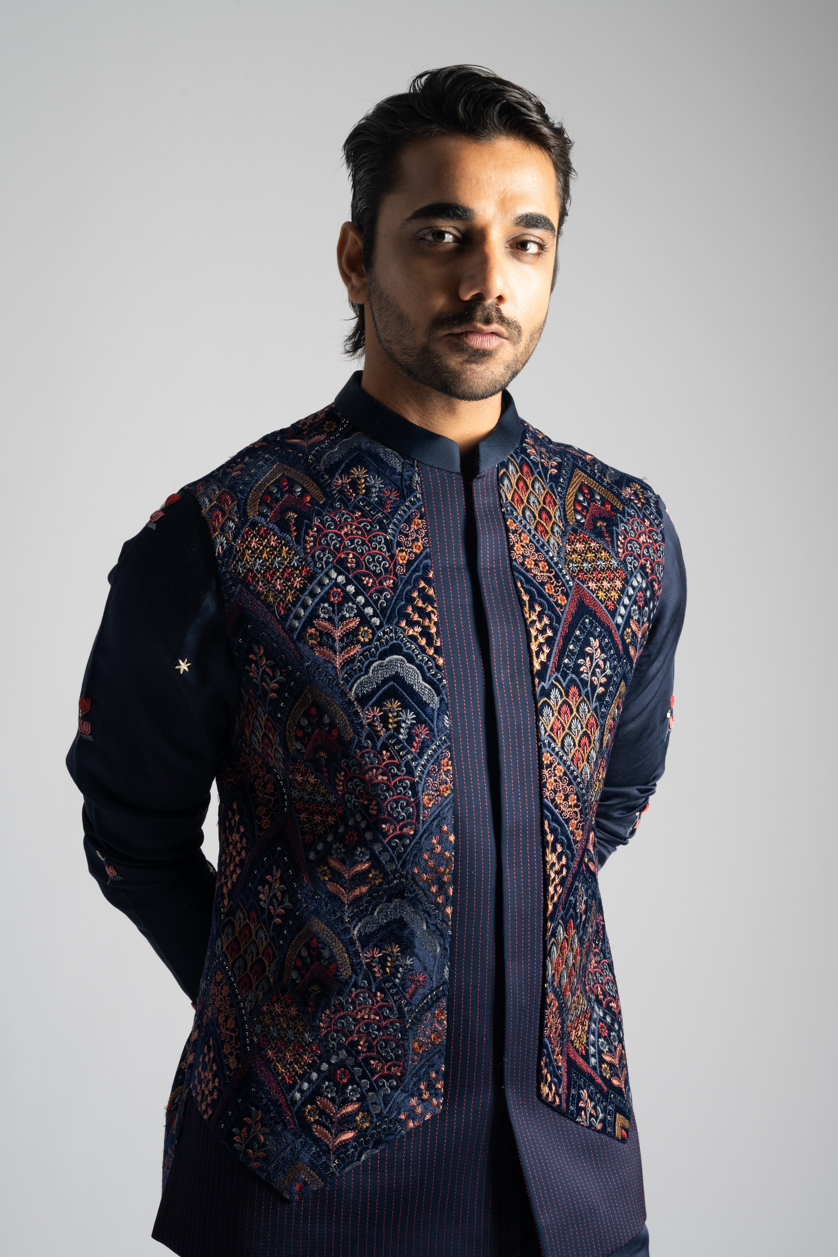 NAVY BLUE MULTICOLOUR THREADWORK NEHRU