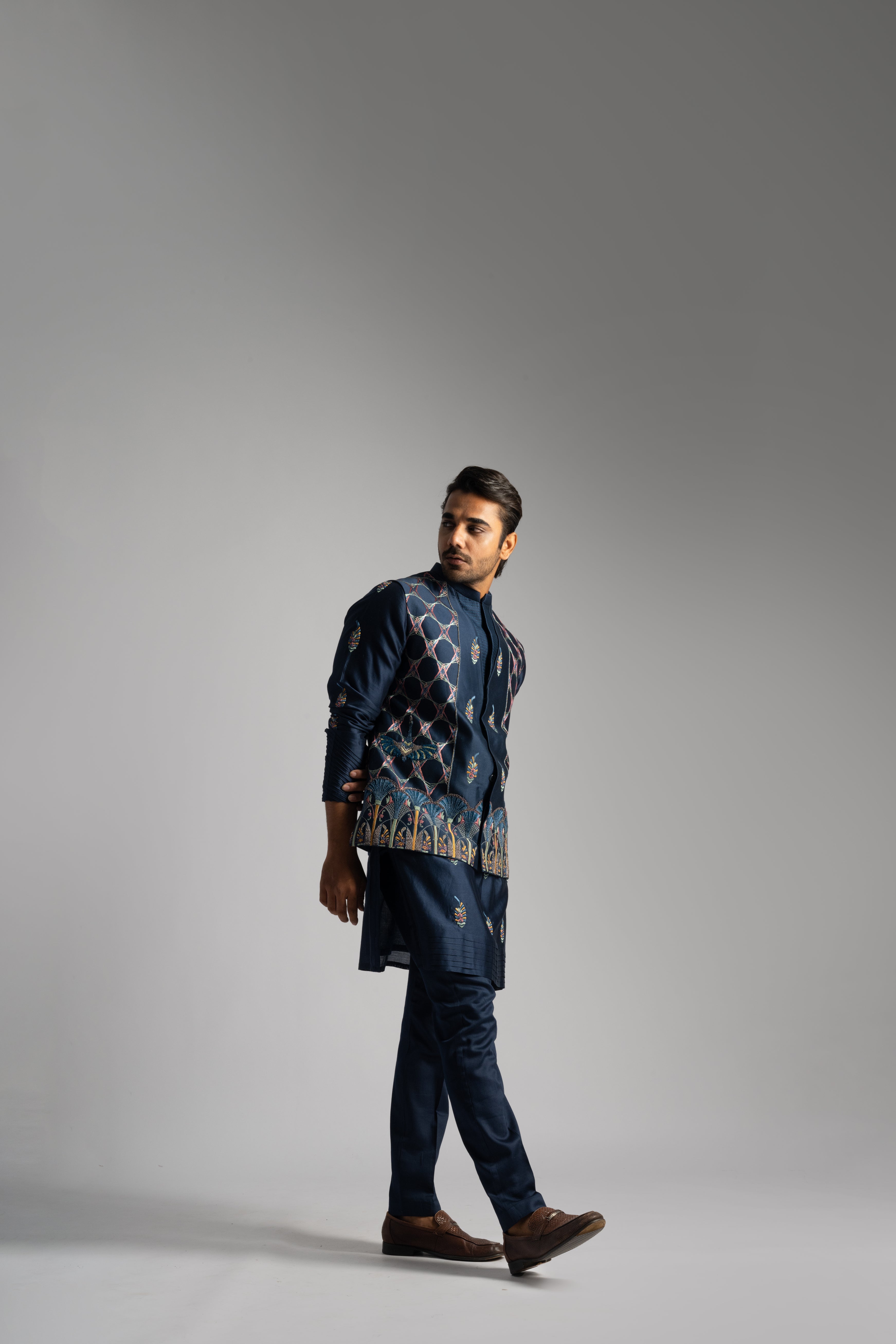 ROYAL BLUE EGYPTIAN MOTIFS SILK NEHRU