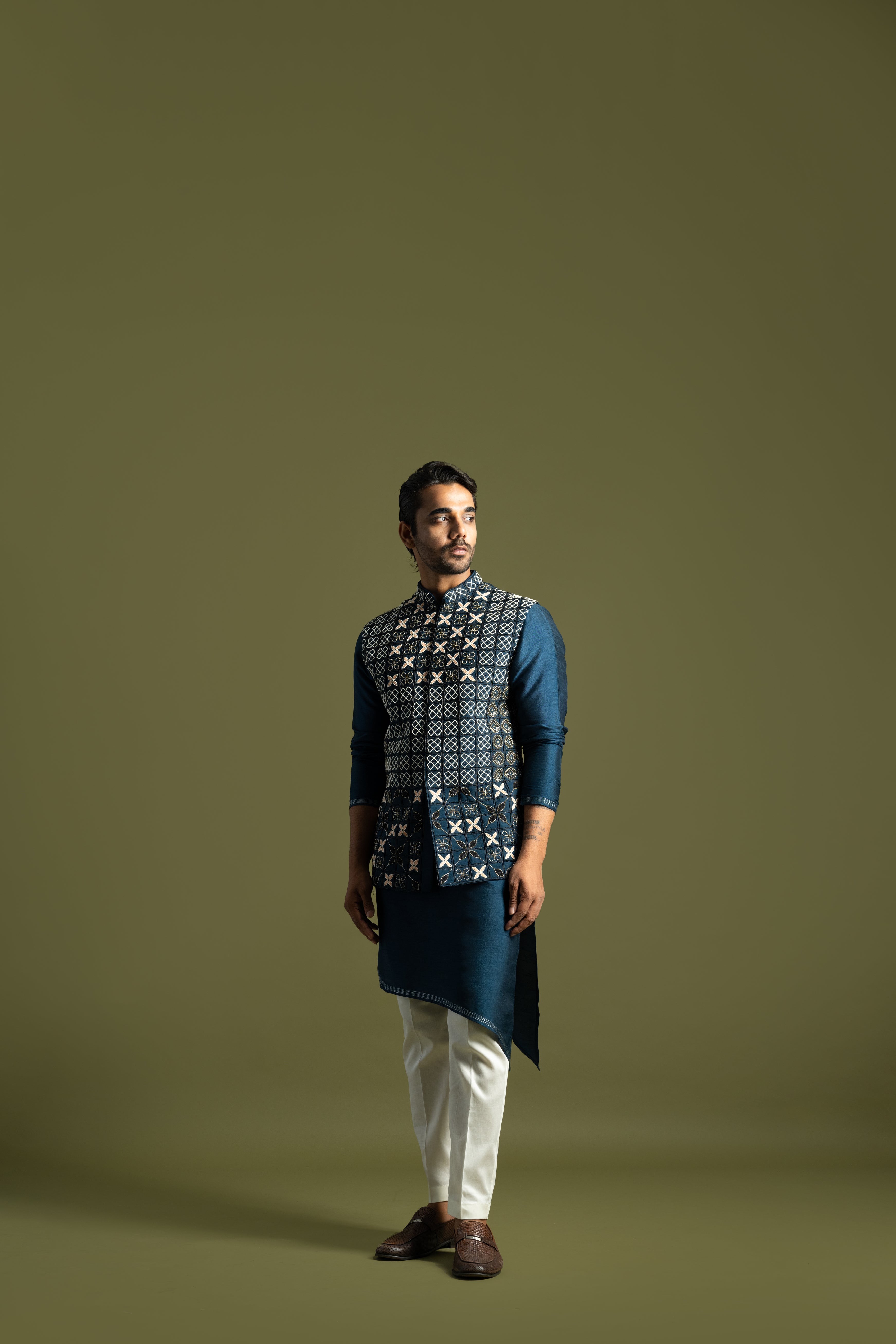 TEAL BLUE GEOMETRIC NEHRU KURTA SET