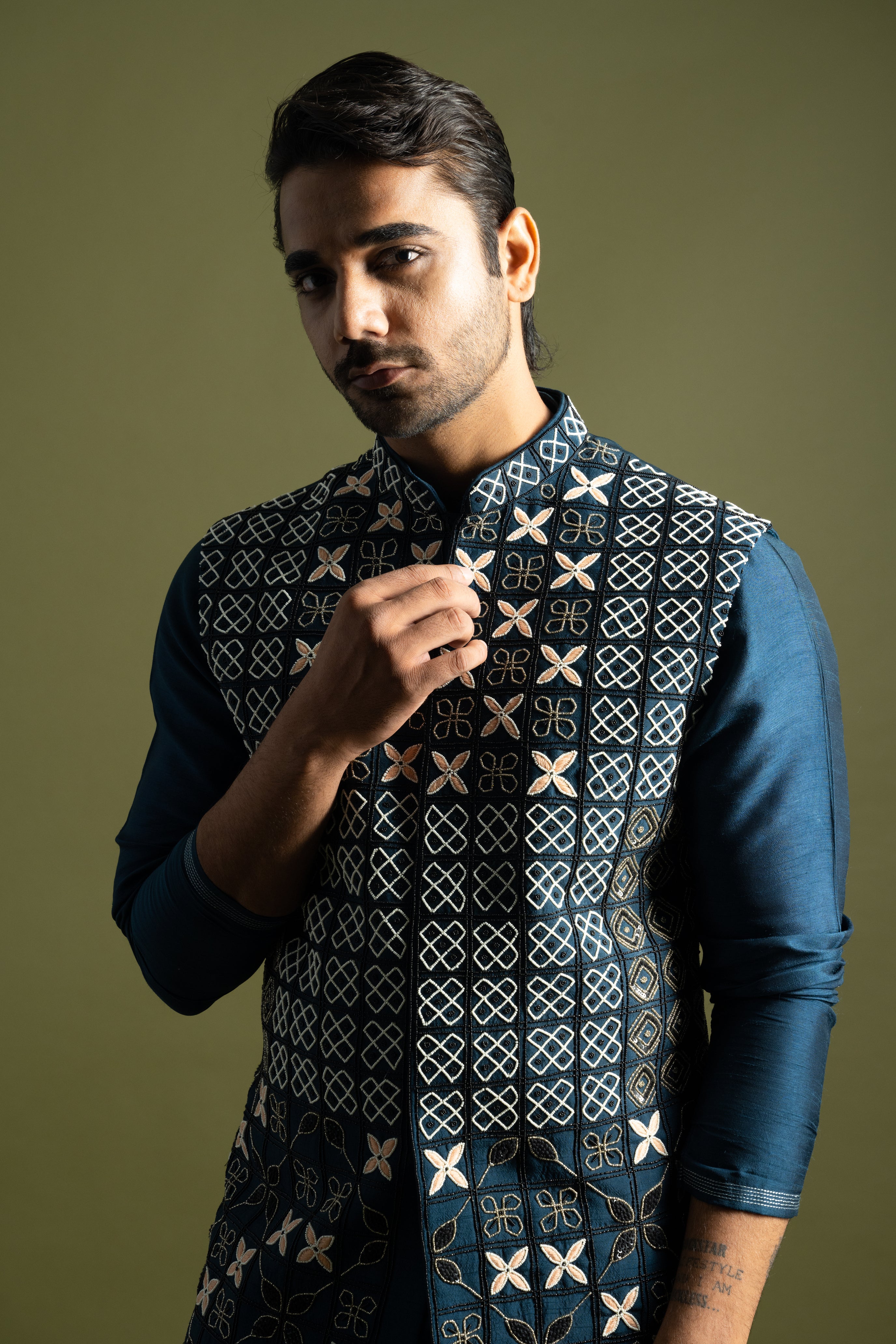 TEAL BLUE GEOMETRIC NEHRU KURTA SET