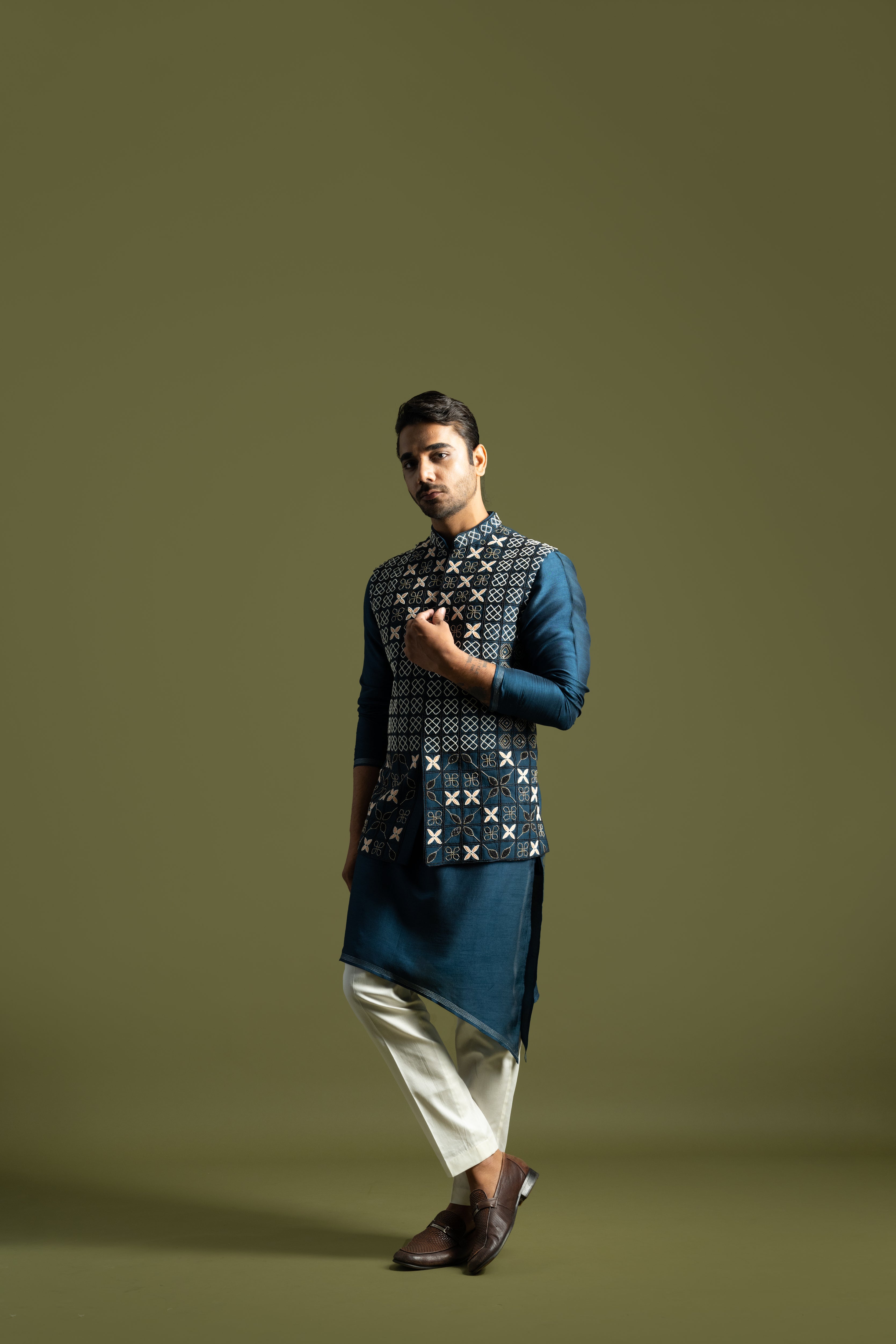 TEAL BLUE GEOMETRIC NEHRU KURTA SET