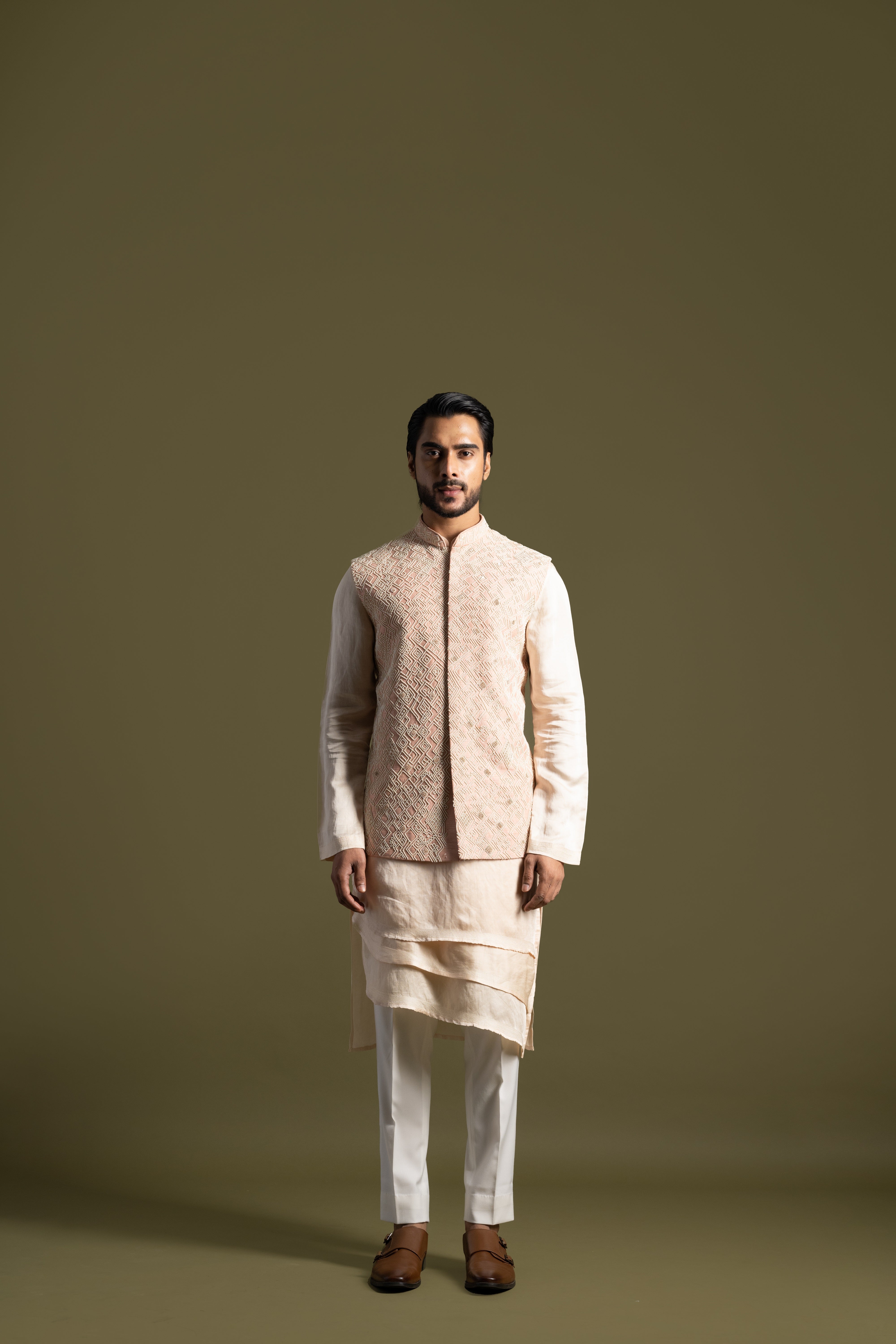 PEACH SILK NEHRU WITH A TRIPLE LAYERED KURTA