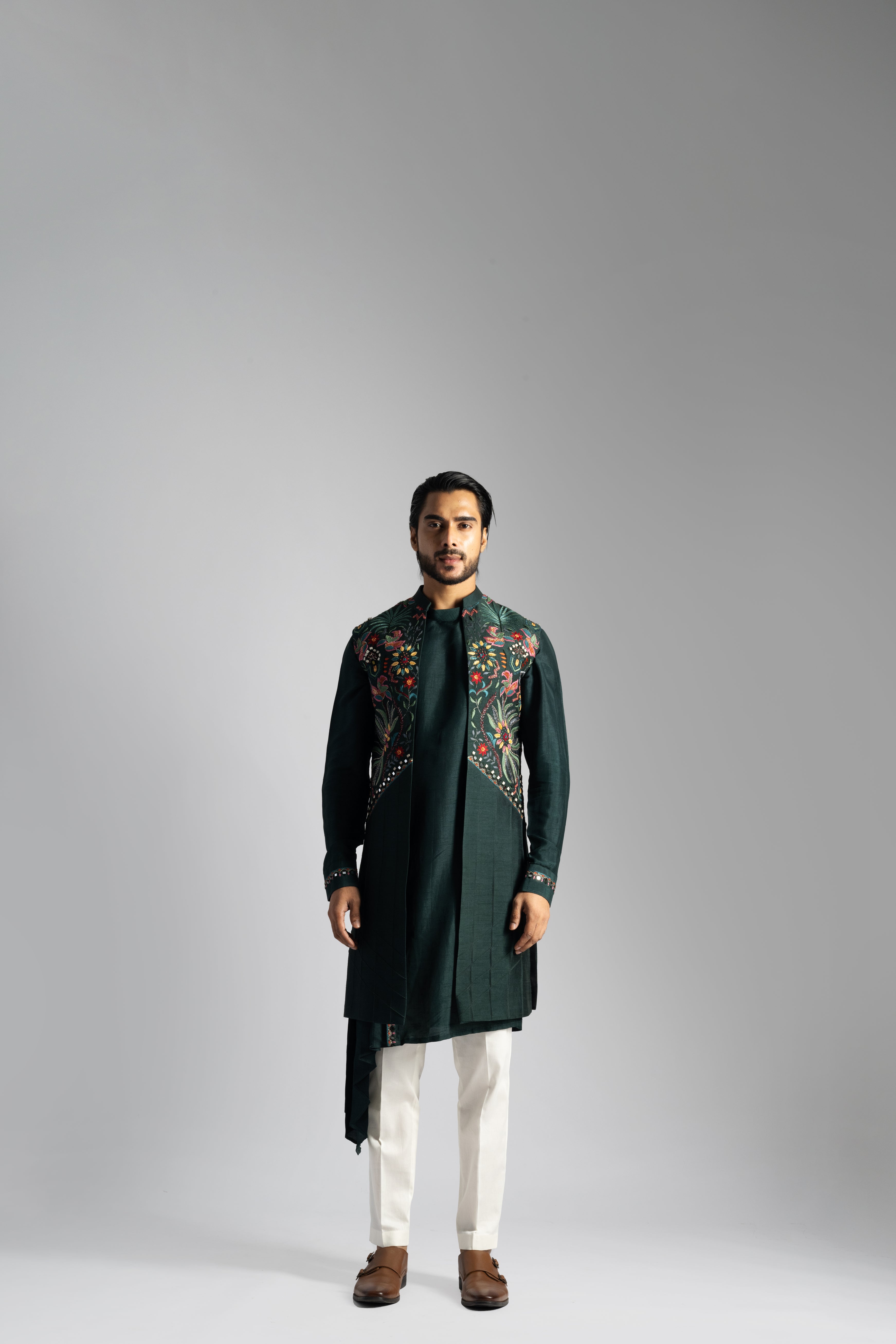 EMERALD GREEN PINTUCKS NEHRU KURTA SET