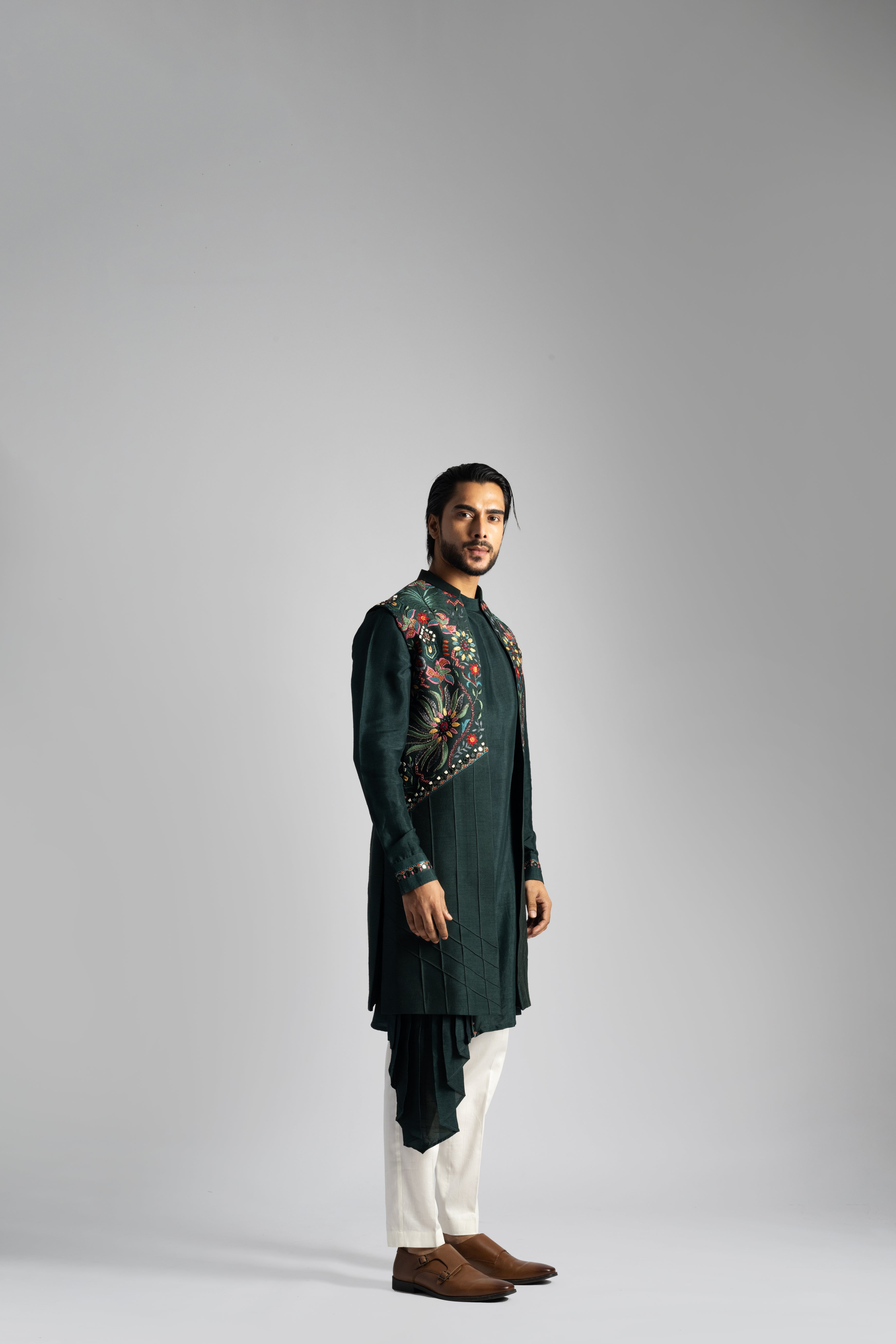 EMERALD GREEN PINTUCKS NEHRU KURTA SET