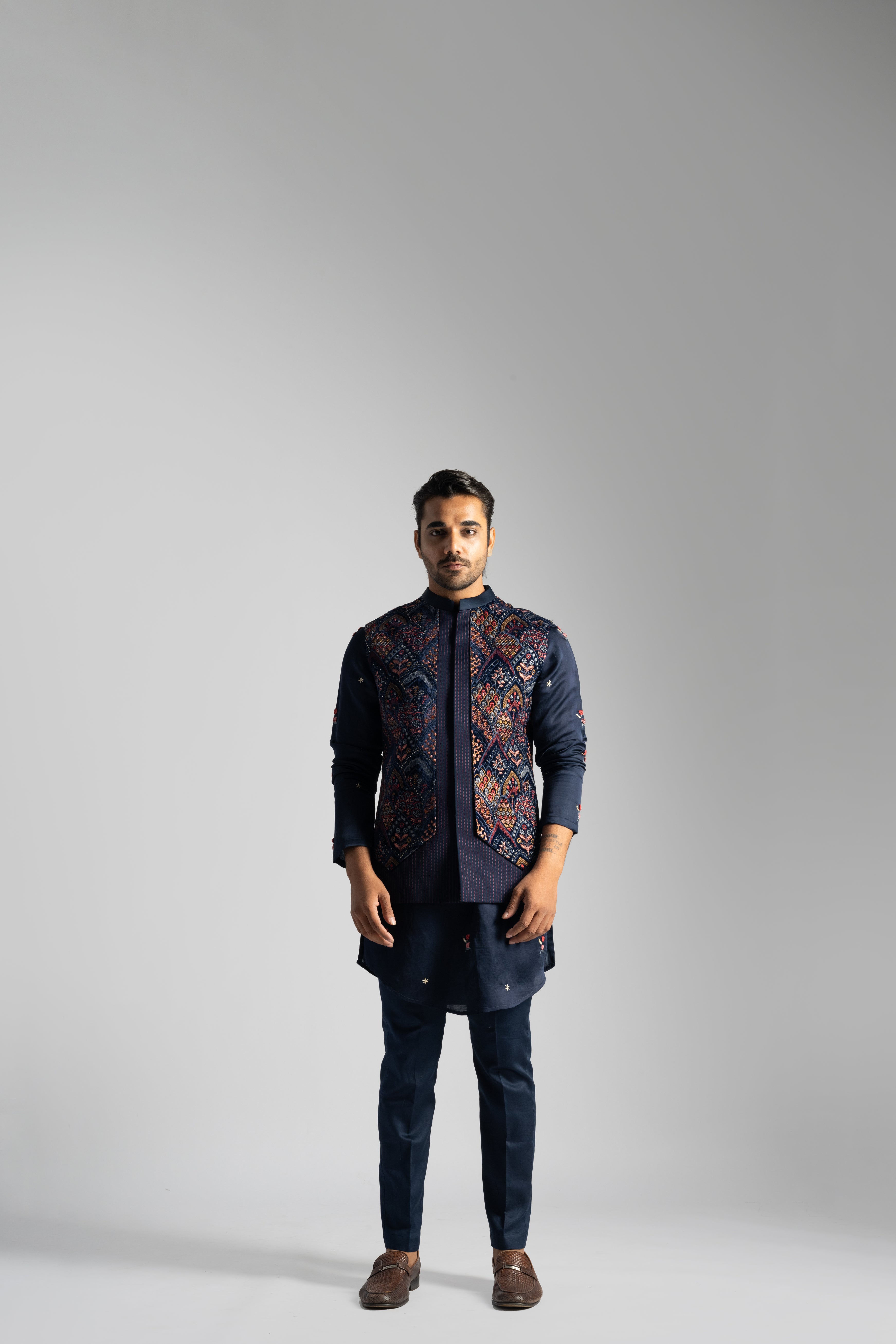 NAVY BLUE TULIP THREADWORK NEHRU KURTA SET