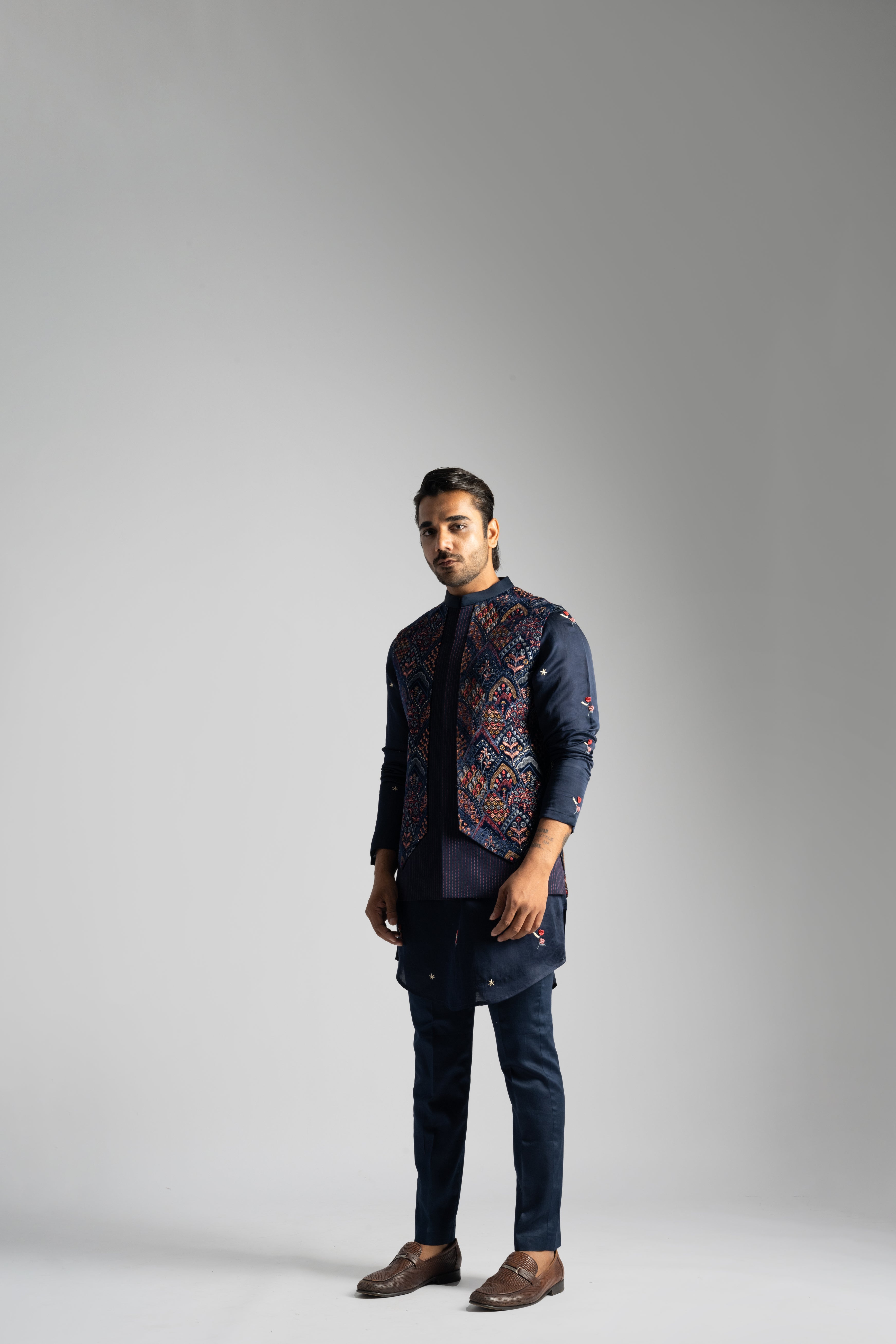 NAVY BLUE TULIP THREADWORK NEHRU KURTA SET