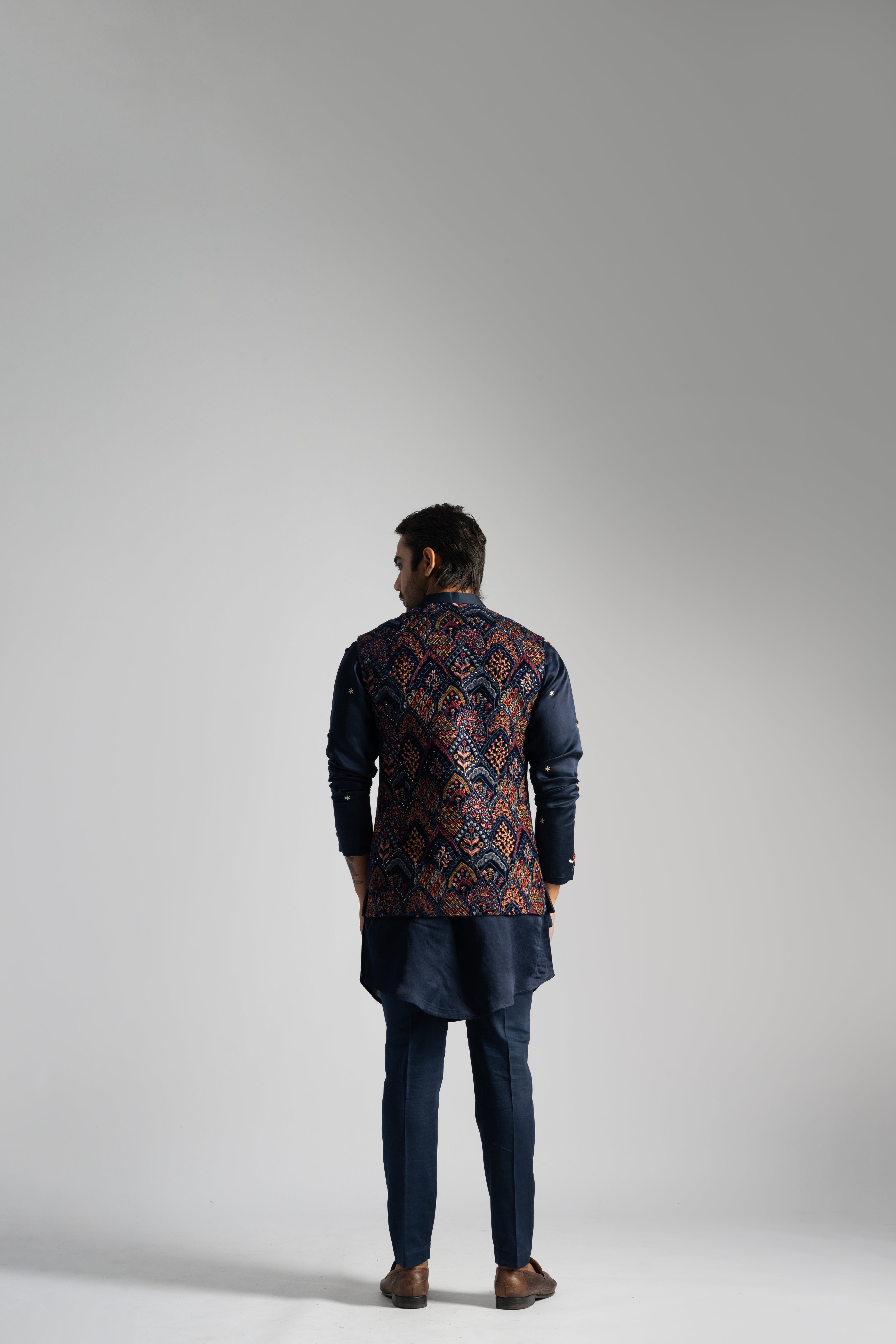 NAVY BLUE TULIP THREADWORK NEHRU KURTA SET